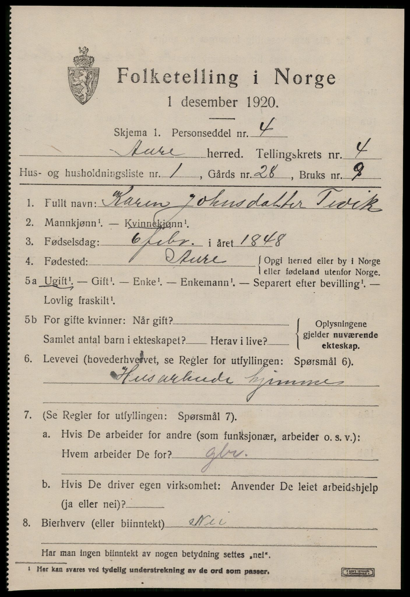 SAT, 1920 census for Aure, 1920, p. 1876