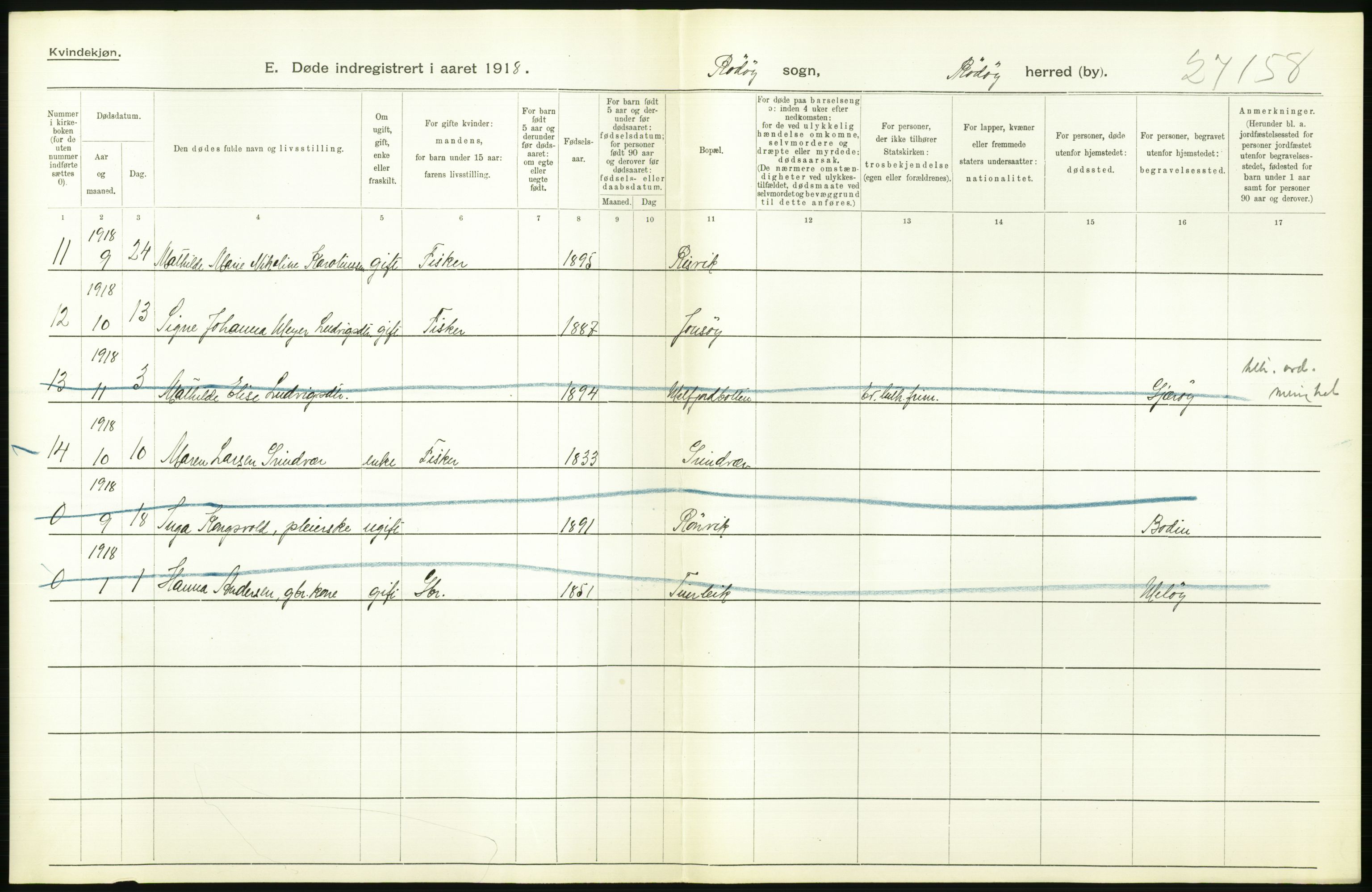 Statistisk sentralbyrå, Sosiodemografiske emner, Befolkning, AV/RA-S-2228/D/Df/Dfb/Dfbh/L0055: Nordland fylke: Døde. Bygder og byer., 1918, p. 280