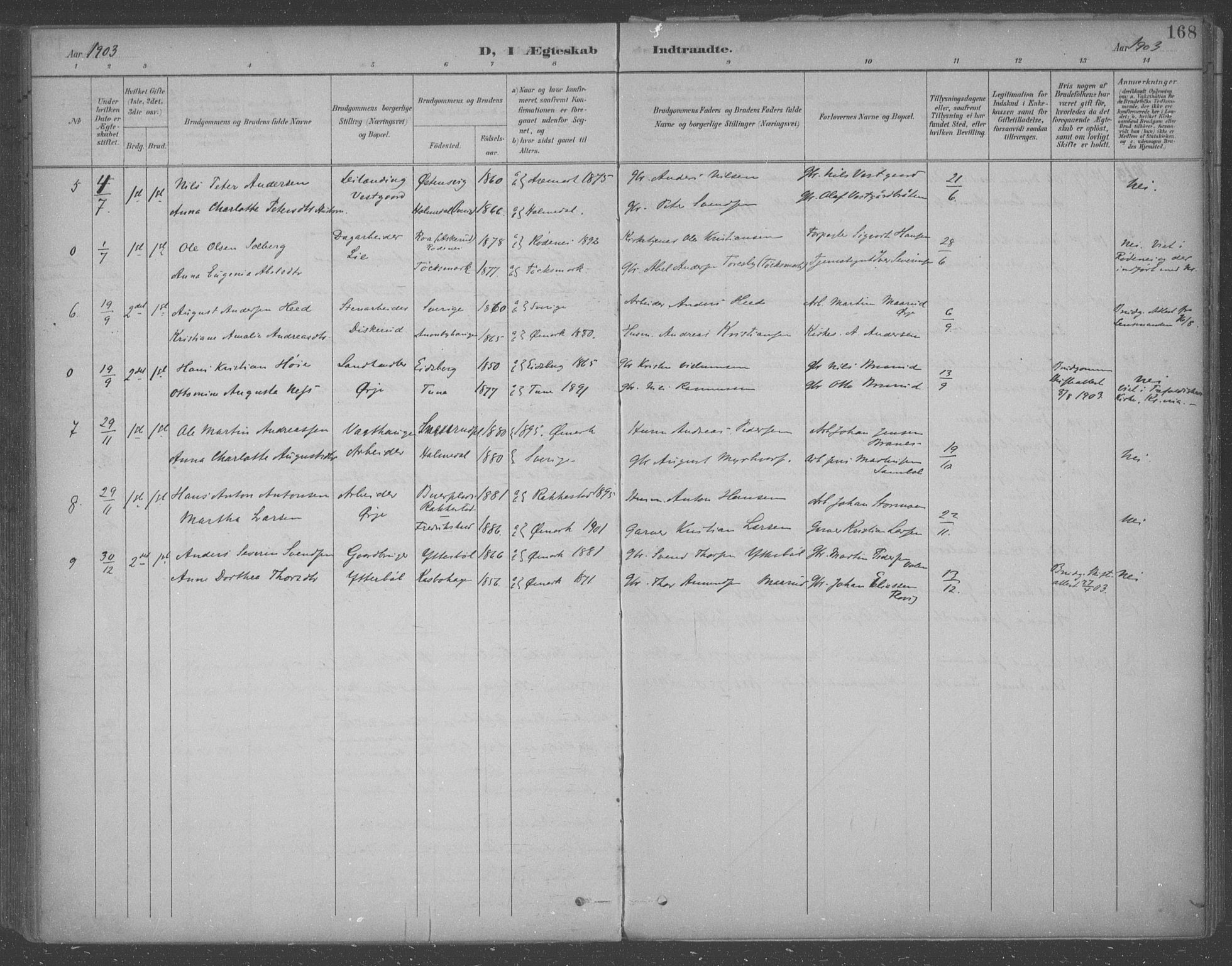 Aremark prestekontor Kirkebøker, SAO/A-10899/F/Fb/L0005: Parish register (official) no. II 5, 1895-1919, p. 168