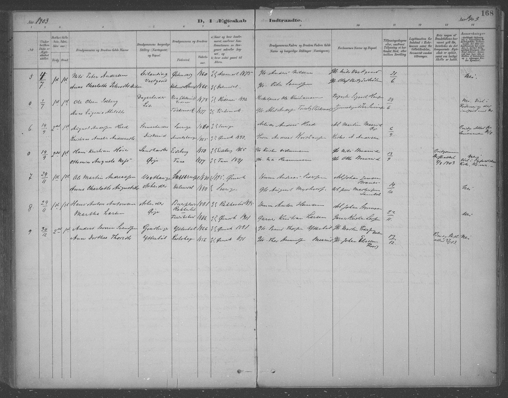 Aremark prestekontor Kirkebøker, AV/SAO-A-10899/F/Fb/L0005: Parish register (official) no. II 5, 1895-1919, p. 168