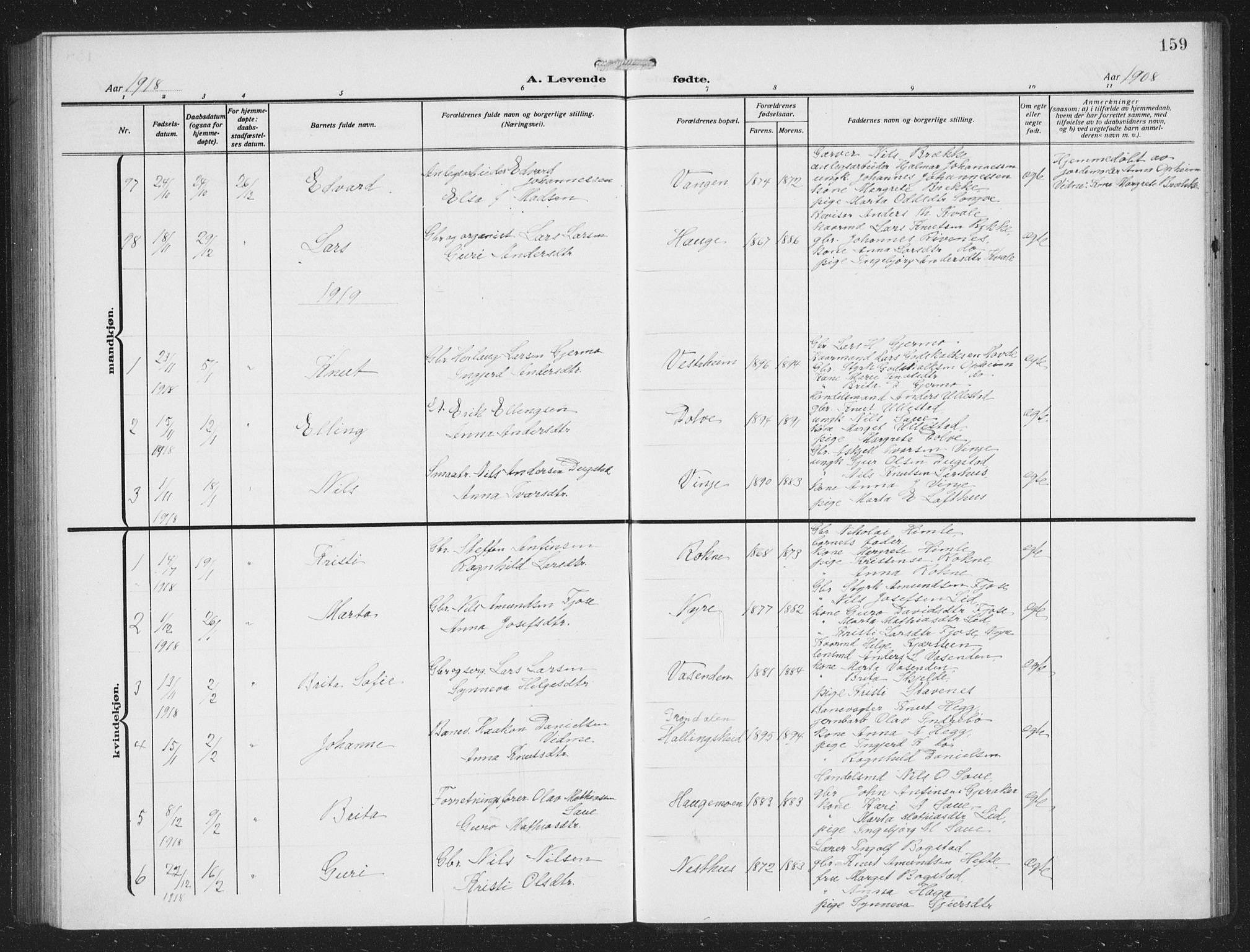 Voss sokneprestembete, AV/SAB-A-79001/H/Hab: Parish register (copy) no. C 3, 1909-1920, p. 159