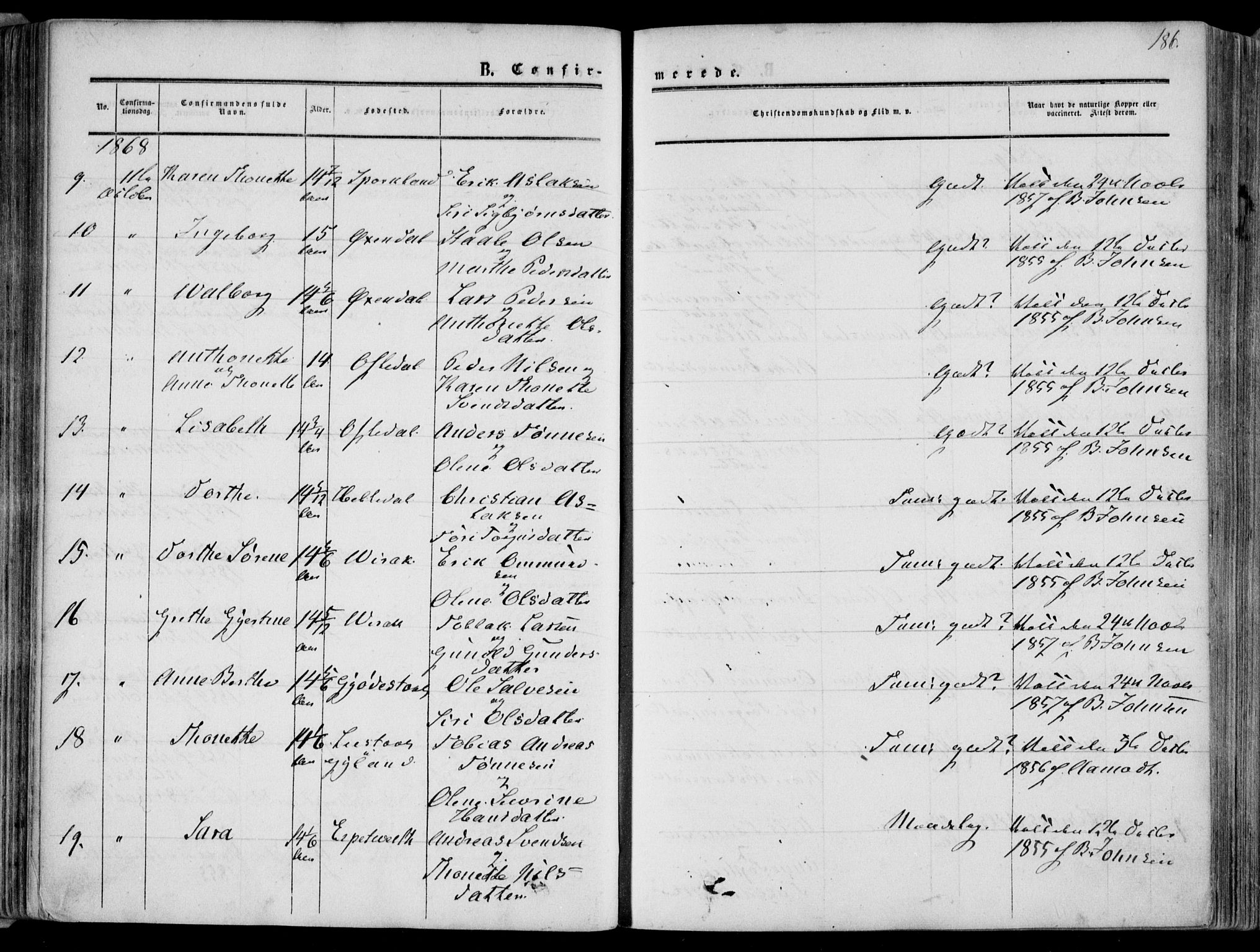 Bakke sokneprestkontor, AV/SAK-1111-0002/F/Fa/Faa/L0006: Parish register (official) no. A 6, 1855-1877, p. 186