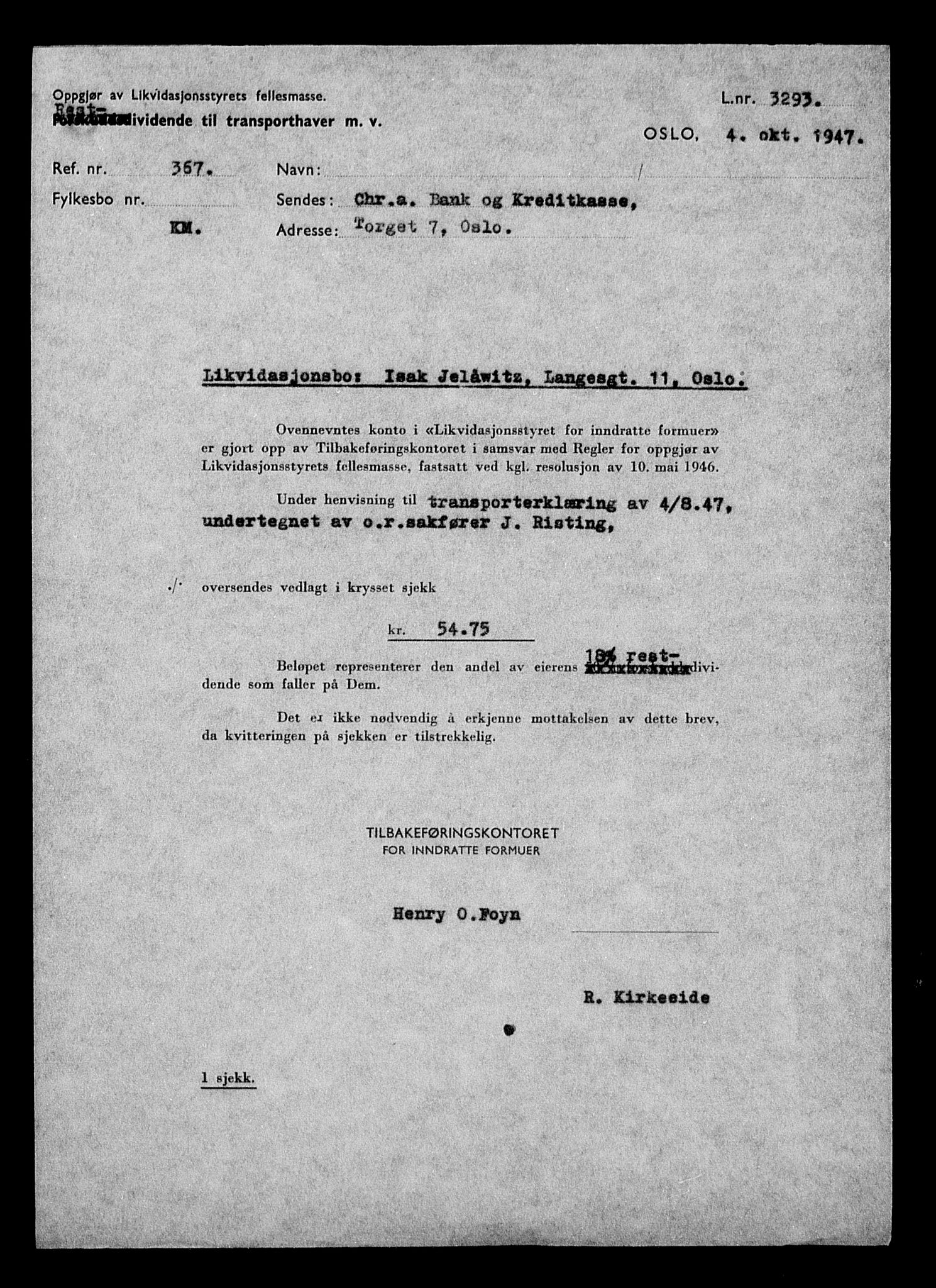 Justisdepartementet, Tilbakeføringskontoret for inndratte formuer, AV/RA-S-1564/H/Hc/Hcc/L0948: --, 1945-1947, p. 33
