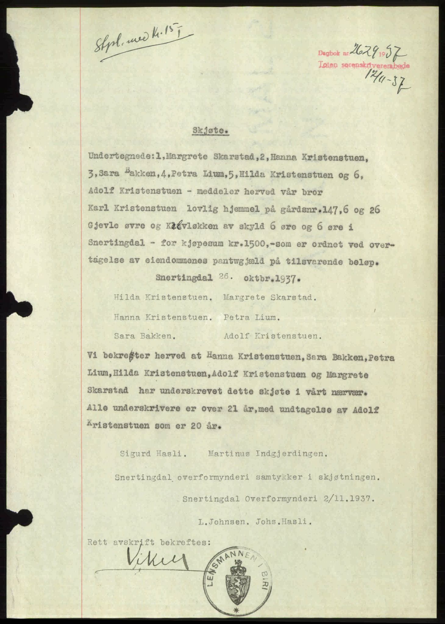 Toten tingrett, SAH/TING-006/H/Hb/Hbc/L0003: Mortgage book no. Hbc-03, 1937-1938, Diary no: : 2629/1937
