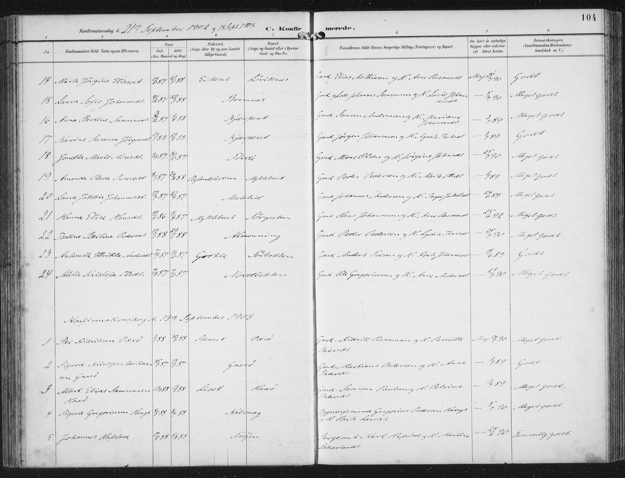Bremanger sokneprestembete, SAB/A-82201/H/Haa/Haab/L0002: Parish register (official) no. B  2, 1896-1908, p. 104