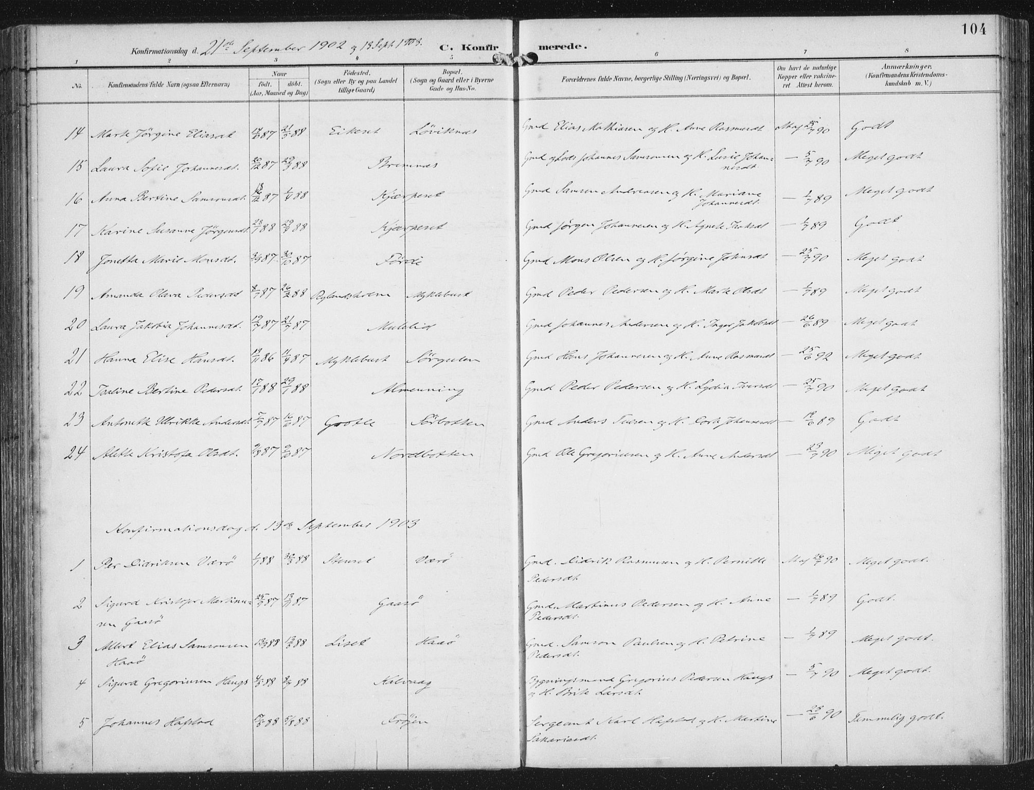 Bremanger sokneprestembete, AV/SAB-A-82201/H/Haa/Haab/L0002: Parish register (official) no. B  2, 1896-1908, p. 104