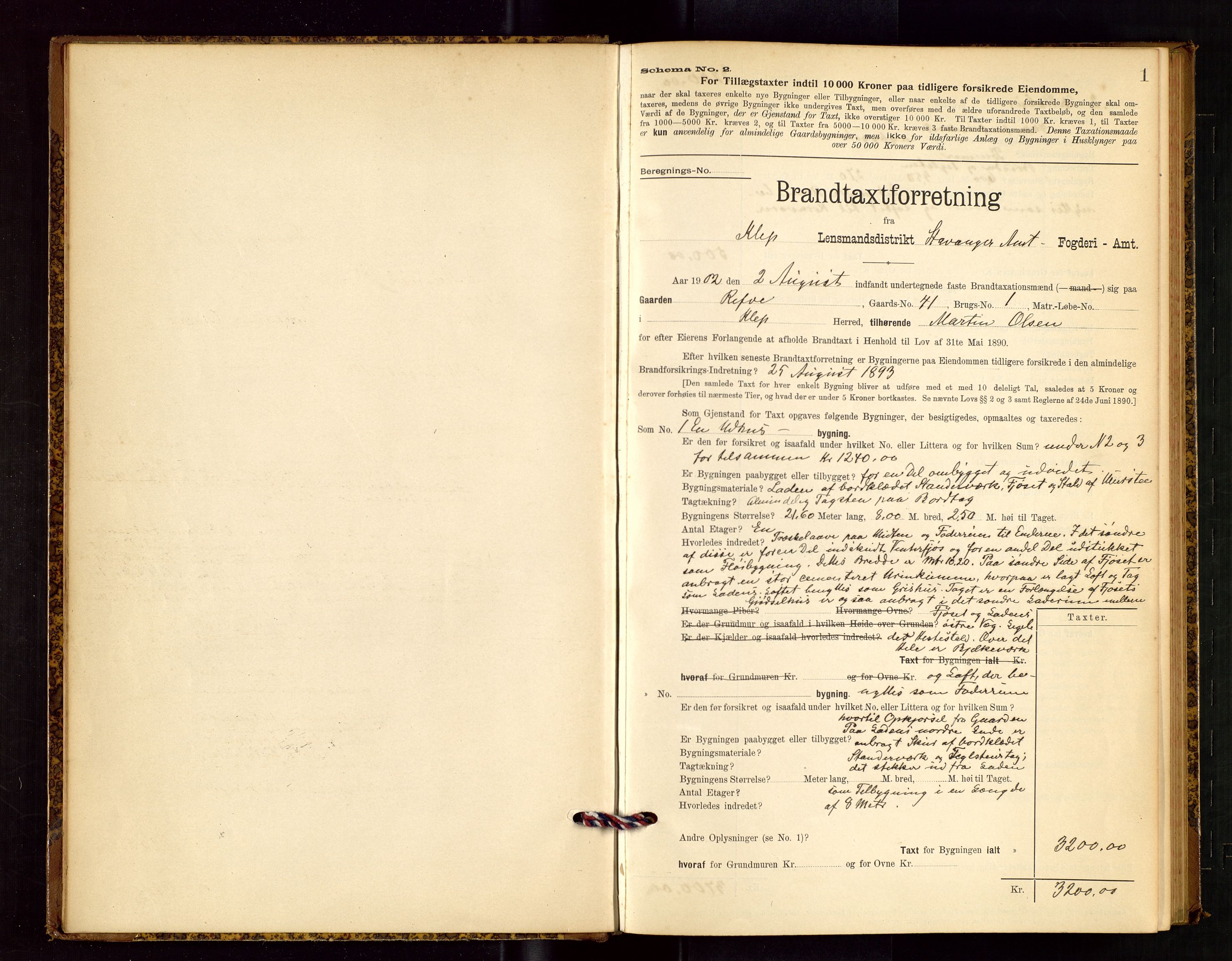 Klepp lensmannskontor, SAST/A-100163/Goc/L0003: "Brandtaxationsprotokol" m/register, 1902-1907, p. 1