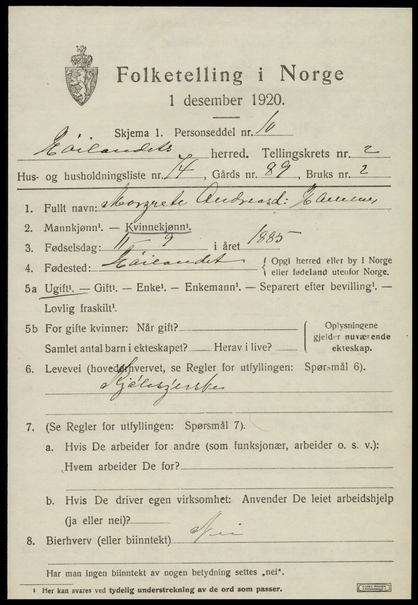 SAT, 1920 census for Høylandet, 1920, p. 1594