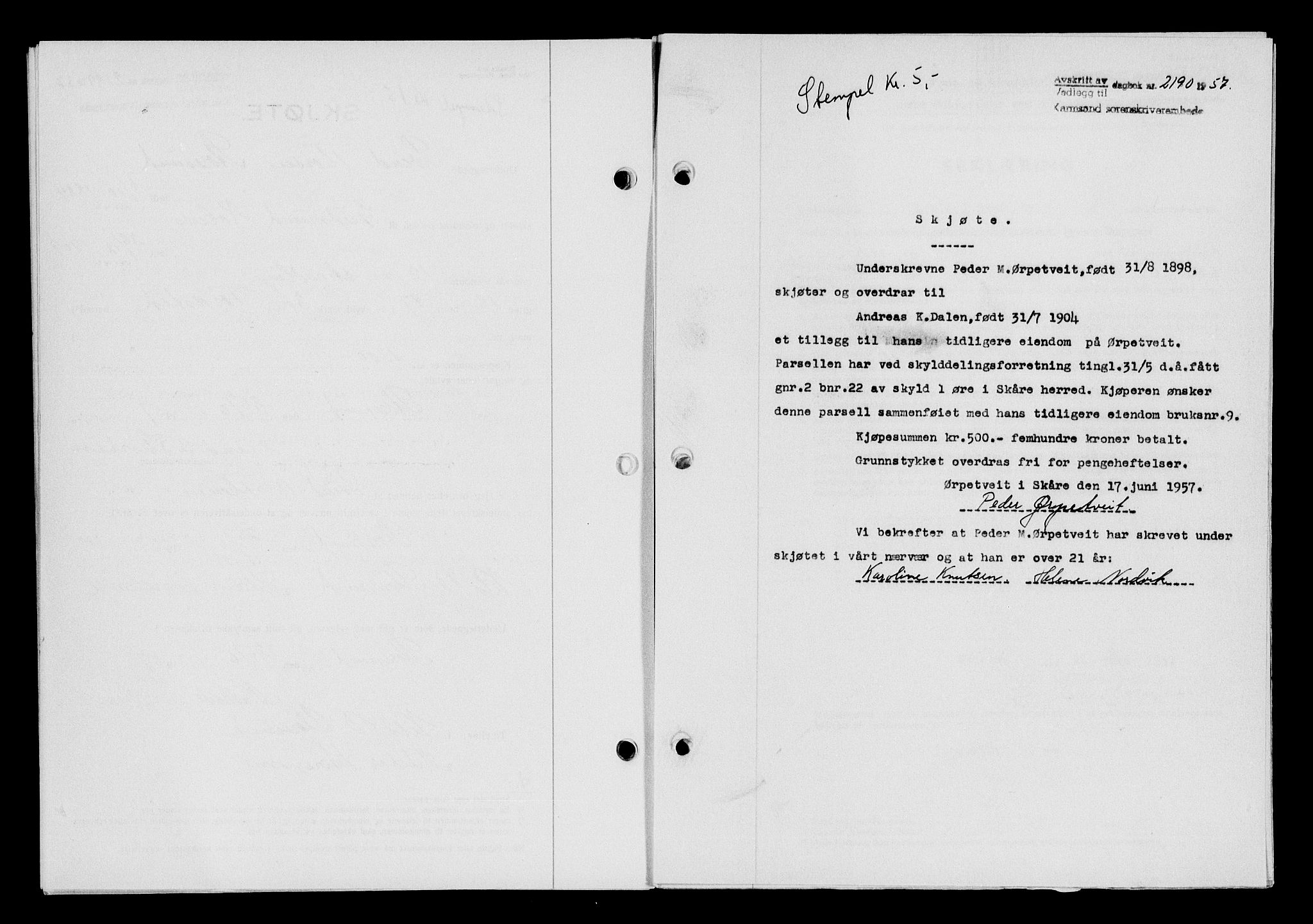 Karmsund sorenskriveri, SAST/A-100311/01/II/IIB/L0125: Mortgage book no. 105A, 1957-1957, Diary no: : 2190/1957