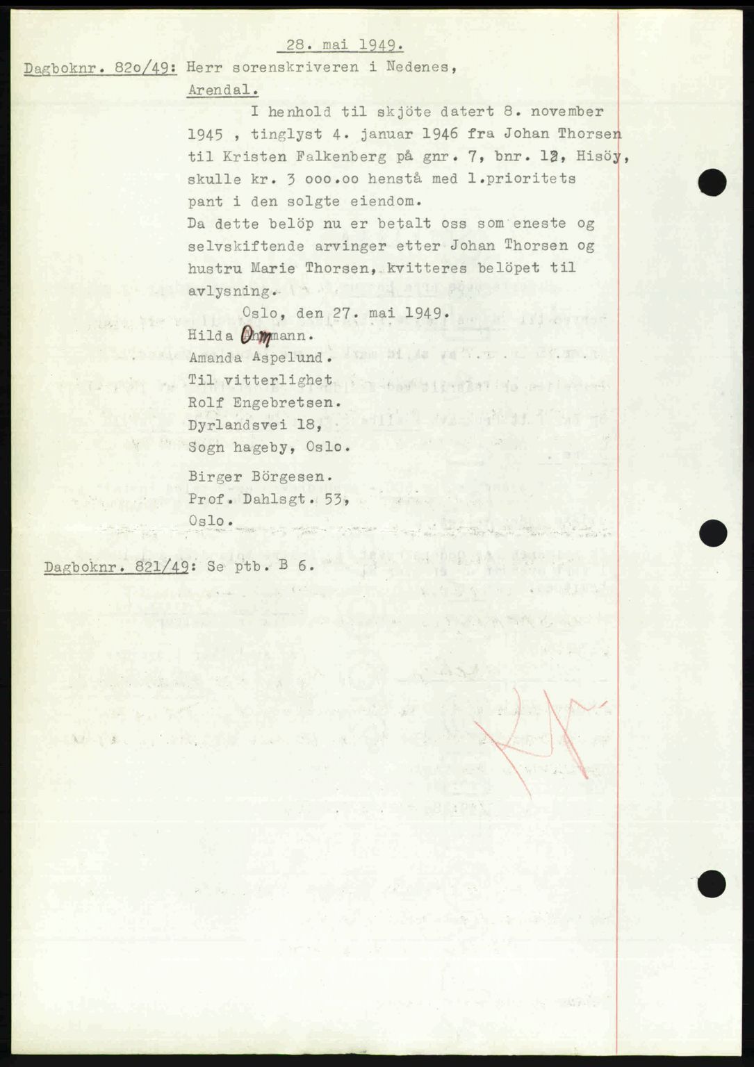 Nedenes sorenskriveri, SAK/1221-0006/G/Gb/Gba/L0060: Mortgage book no. A12, 1948-1949, Diary no: : 820/1949