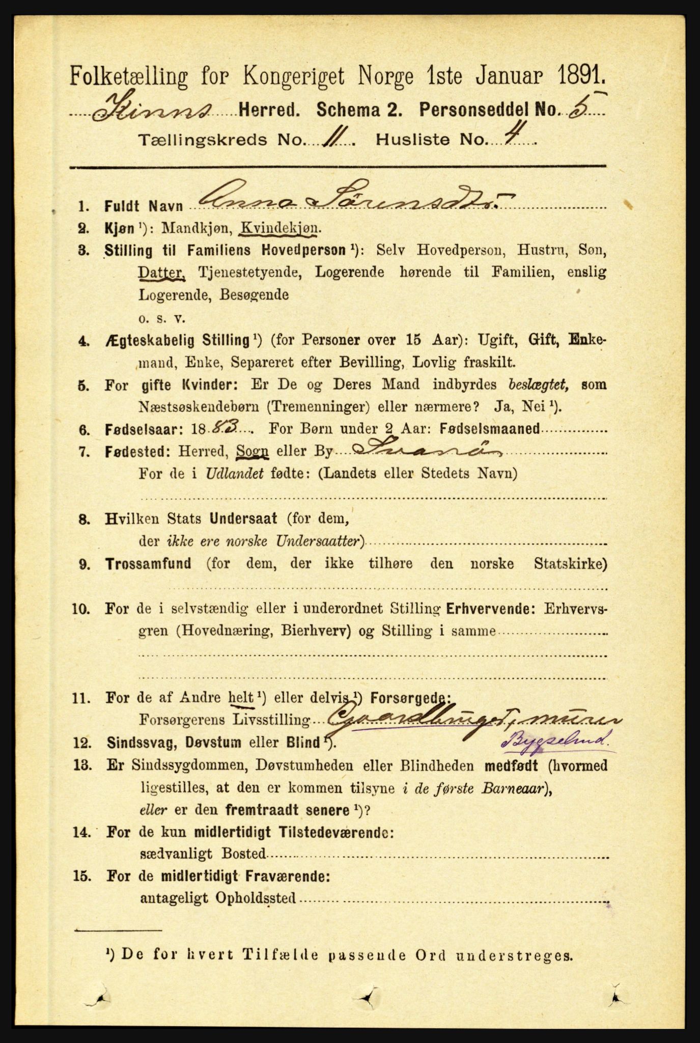 RA, 1891 census for 1437 Kinn, 1891, p. 4085