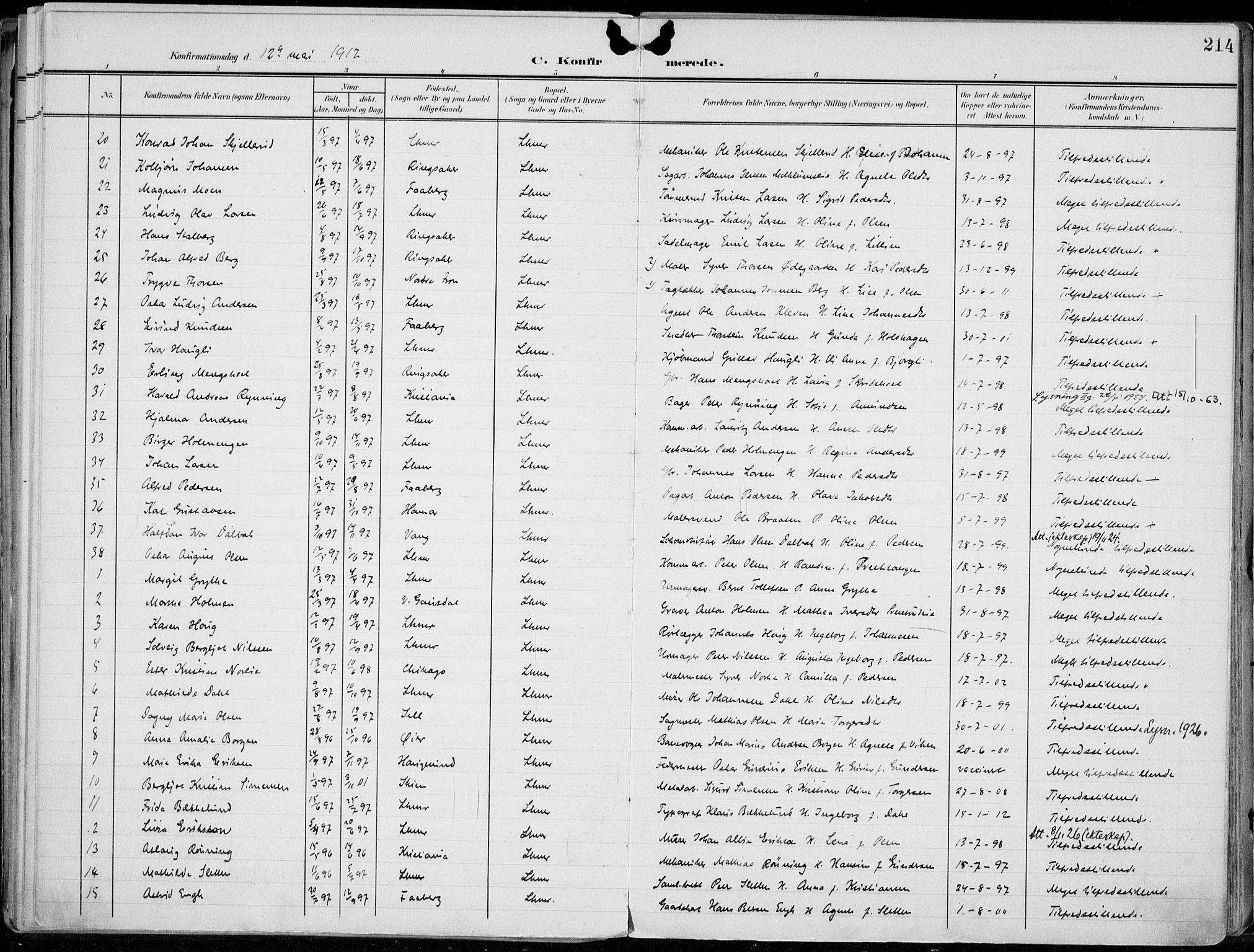 Lillehammer prestekontor, AV/SAH-PREST-088/H/Ha/Haa/L0001: Parish register (official) no. 1, 1901-1916, p. 214