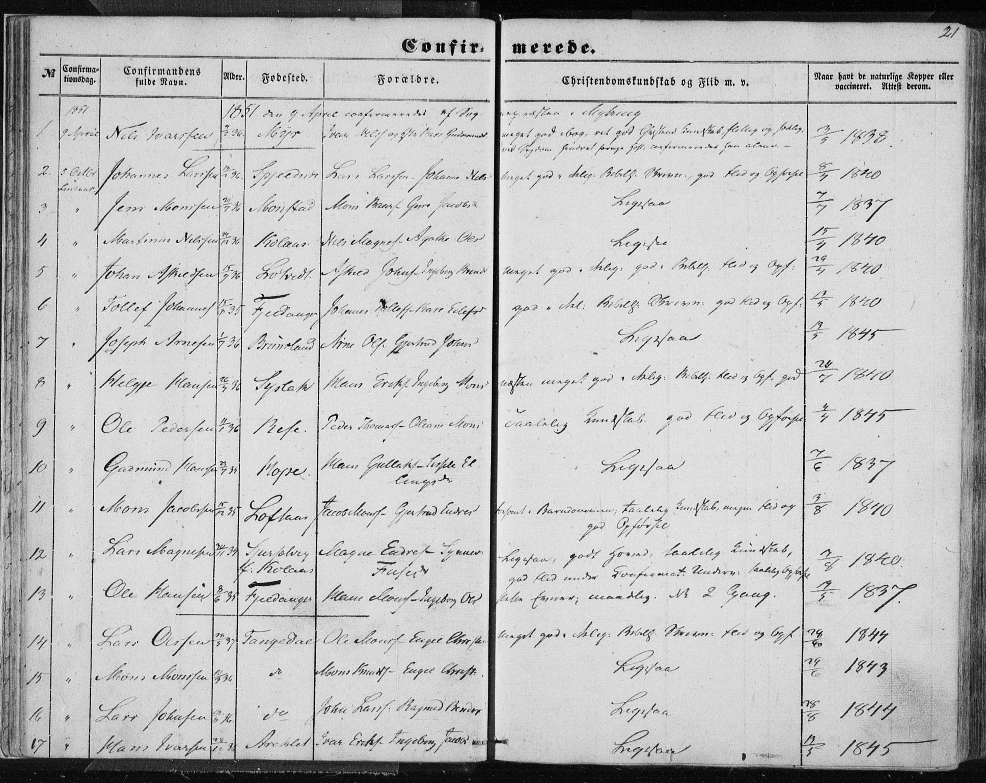 Lindås Sokneprestembete, SAB/A-76701/H/Haa: Parish register (official) no. A 13, 1848-1862, p. 21