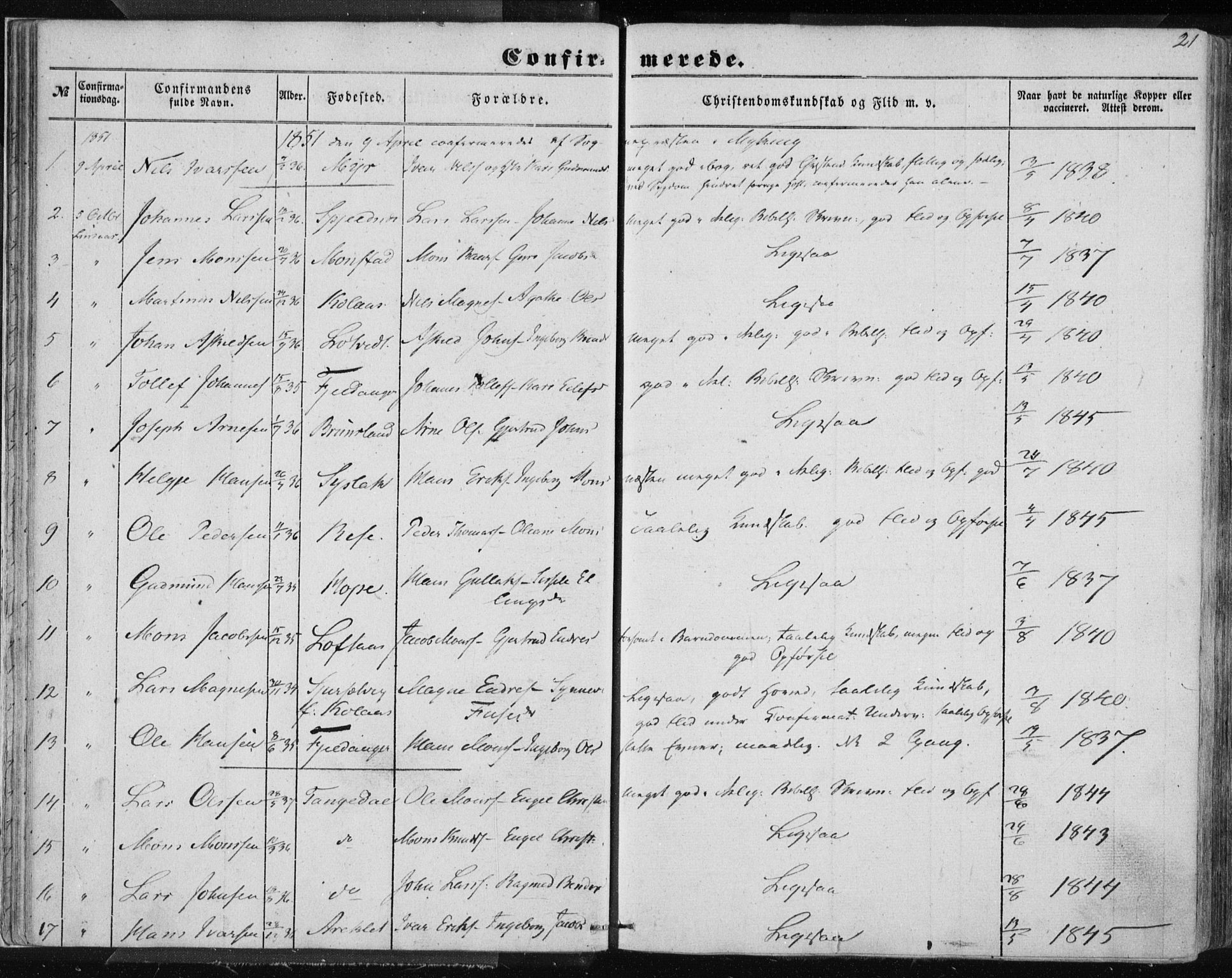 Lindås Sokneprestembete, AV/SAB-A-76701/H/Haa/Haaa/L0013: Parish register (official) no. A 13, 1848-1862, p. 21