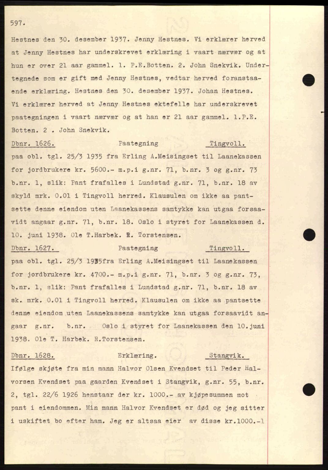 Nordmøre sorenskriveri, AV/SAT-A-4132/1/2/2Ca: Mortgage book no. C80, 1936-1939, Diary no: : 1626/1938