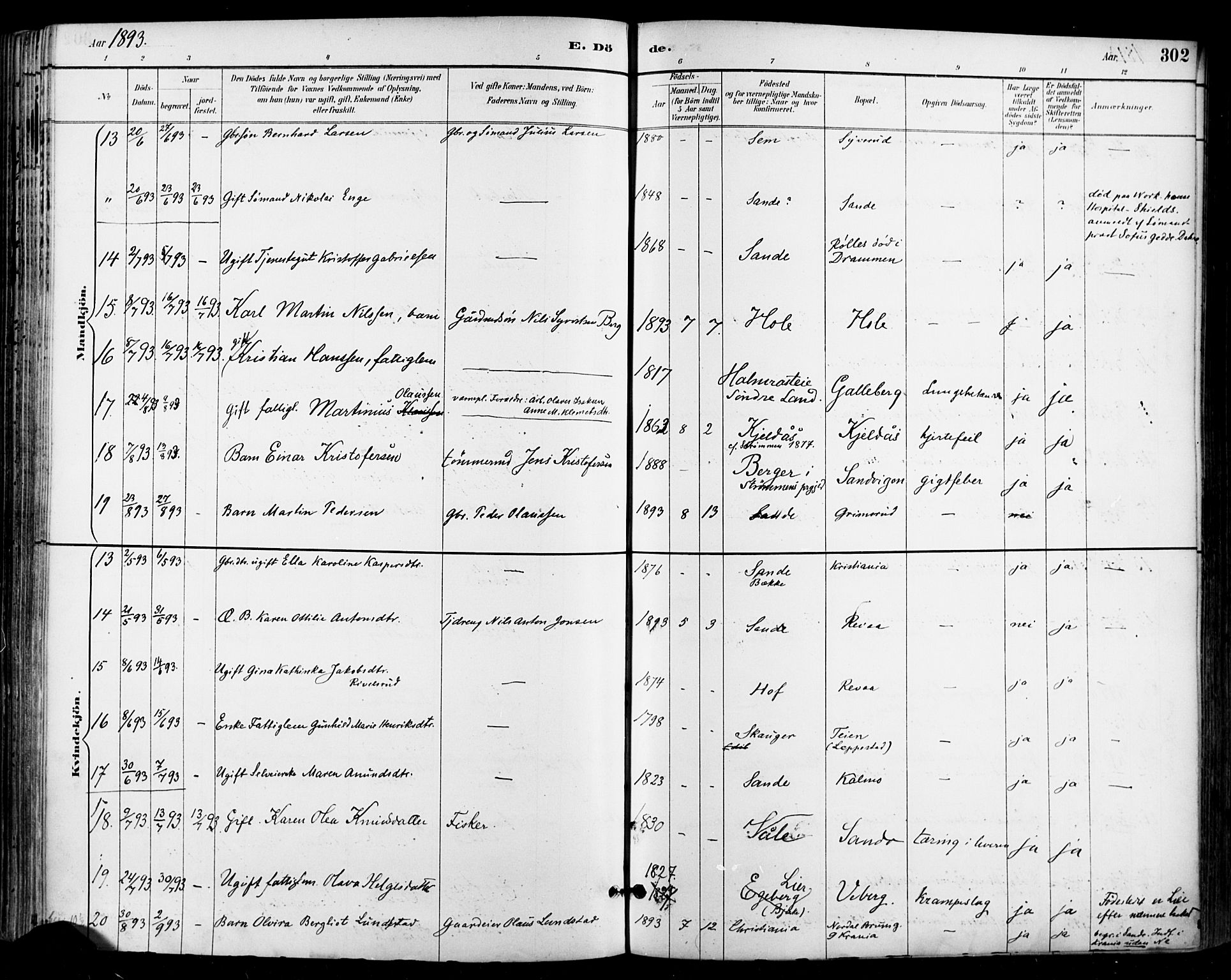 Sande Kirkebøker, AV/SAKO-A-53/F/Fa/L0007: Parish register (official) no. 7, 1888-1903, p. 302