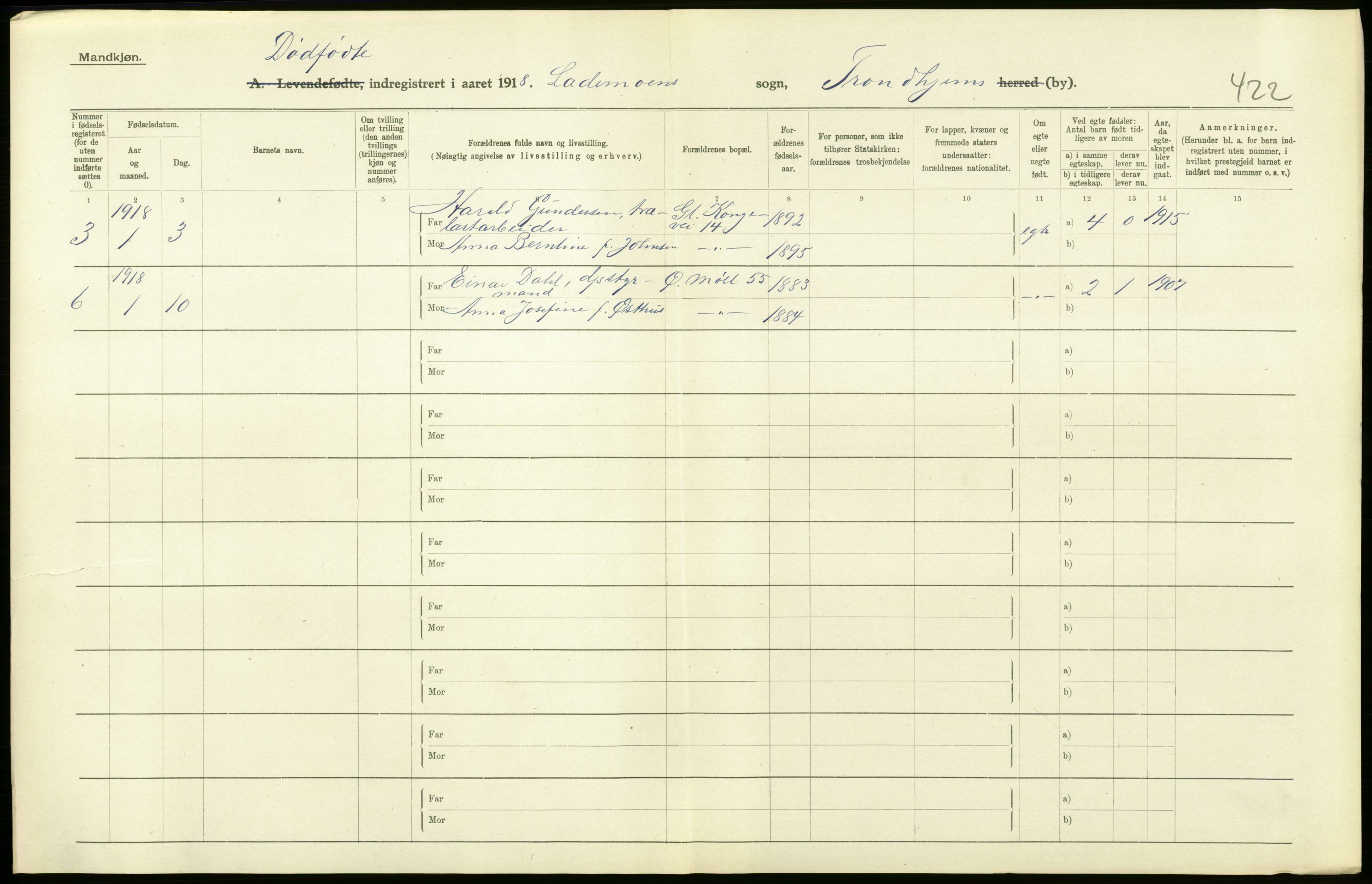 Statistisk sentralbyrå, Sosiodemografiske emner, Befolkning, AV/RA-S-2228/D/Df/Dfb/Dfbh/L0049: Trondheim: Døde, dødfødte., 1918, p. 342