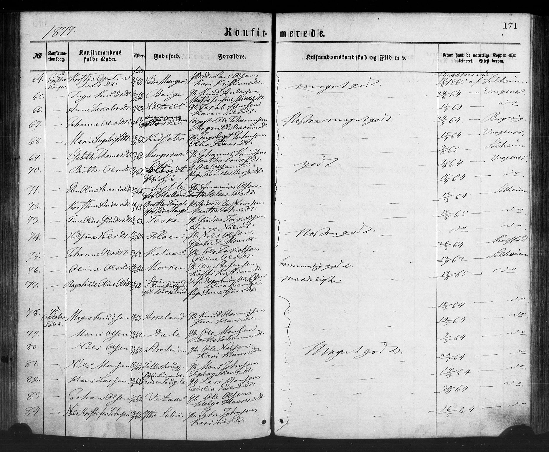 Manger sokneprestembete, AV/SAB-A-76801/H/Haa: Parish register (official) no. A 8, 1871-1880, p. 171