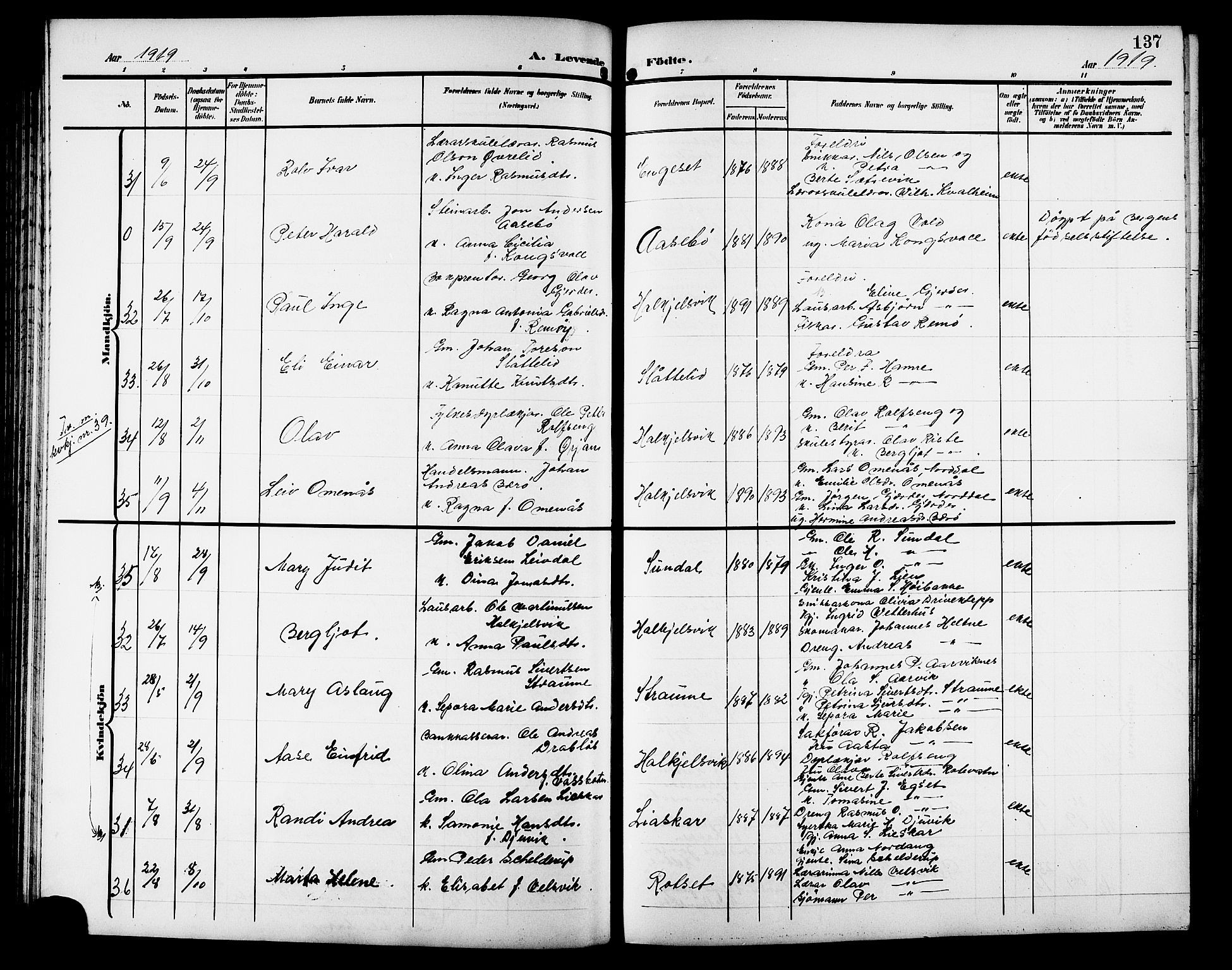 Ministerialprotokoller, klokkerbøker og fødselsregistre - Møre og Romsdal, AV/SAT-A-1454/511/L0159: Parish register (copy) no. 511C05, 1902-1920, p. 137