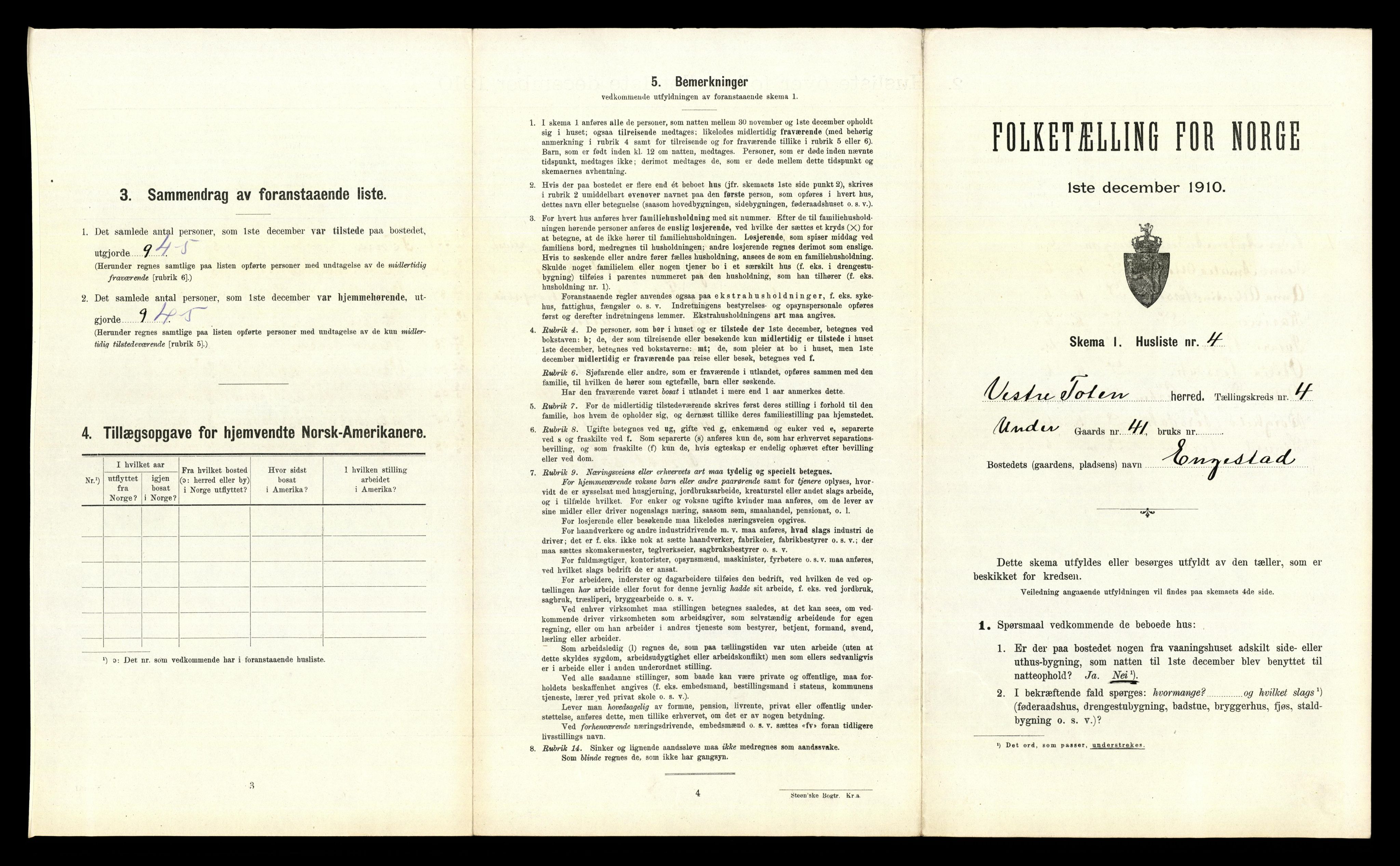 RA, 1910 census for Vestre Toten, 1910, p. 527