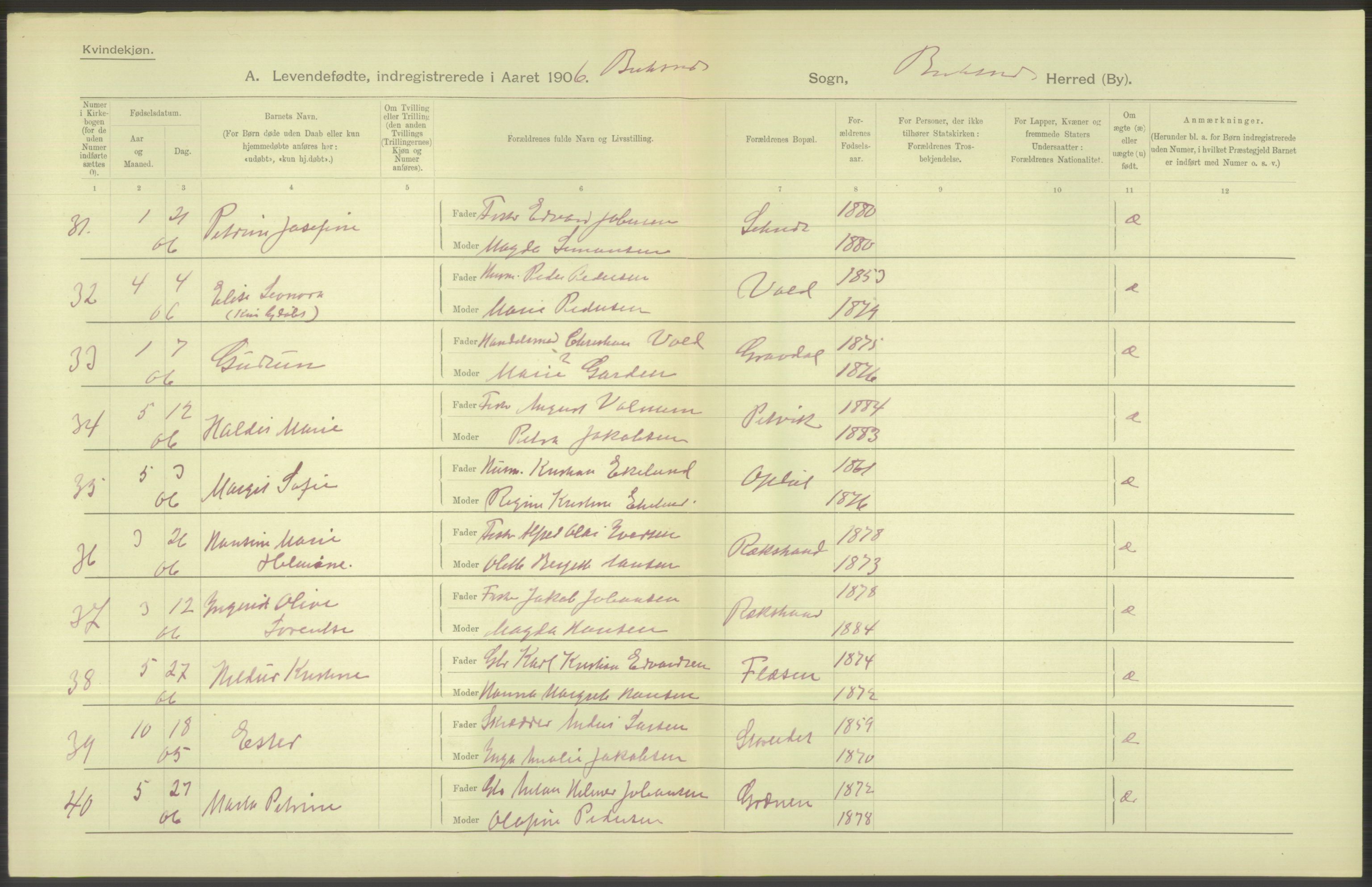 Statistisk sentralbyrå, Sosiodemografiske emner, Befolkning, AV/RA-S-2228/D/Df/Dfa/Dfad/L0044: Nordlands amt: Levendefødte menn og kvinner. Bygder., 1906, p. 98