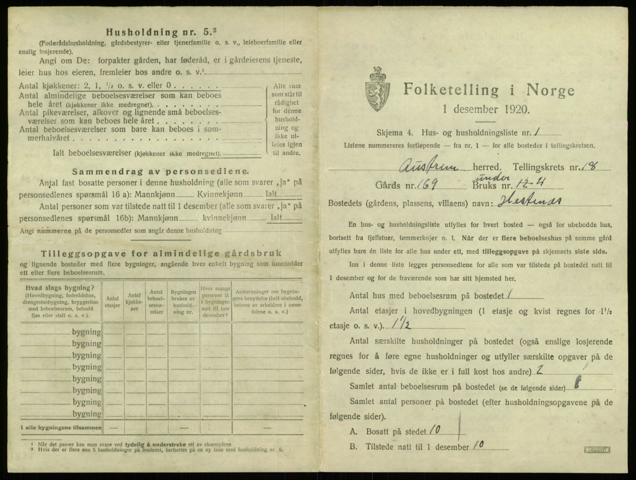 SAB, 1920 census for Austrheim, 1920, p. 854