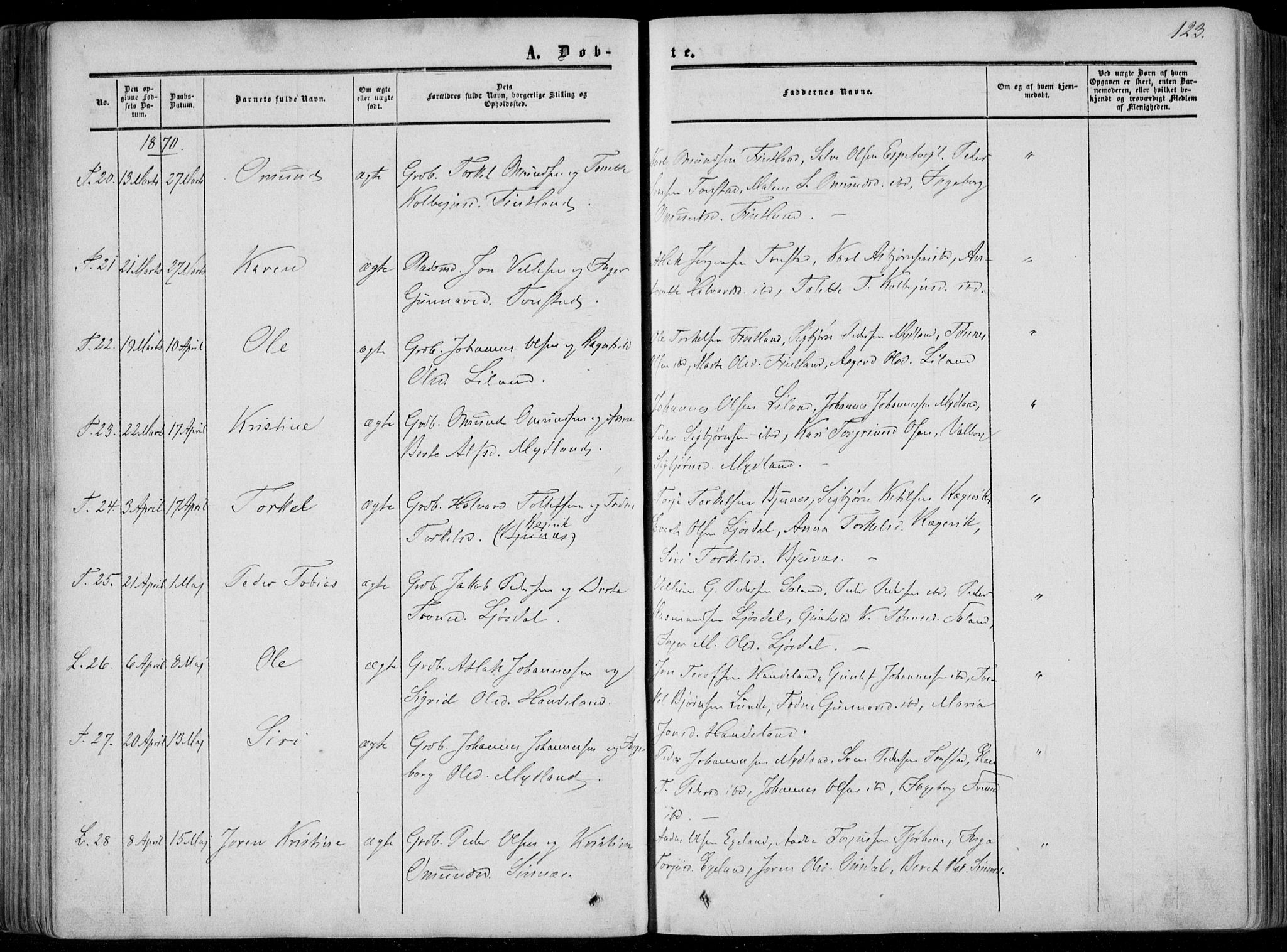 Sirdal sokneprestkontor, AV/SAK-1111-0036/F/Fa/Fab/L0002: Parish register (official) no. A 2, 1855-1874, p. 123