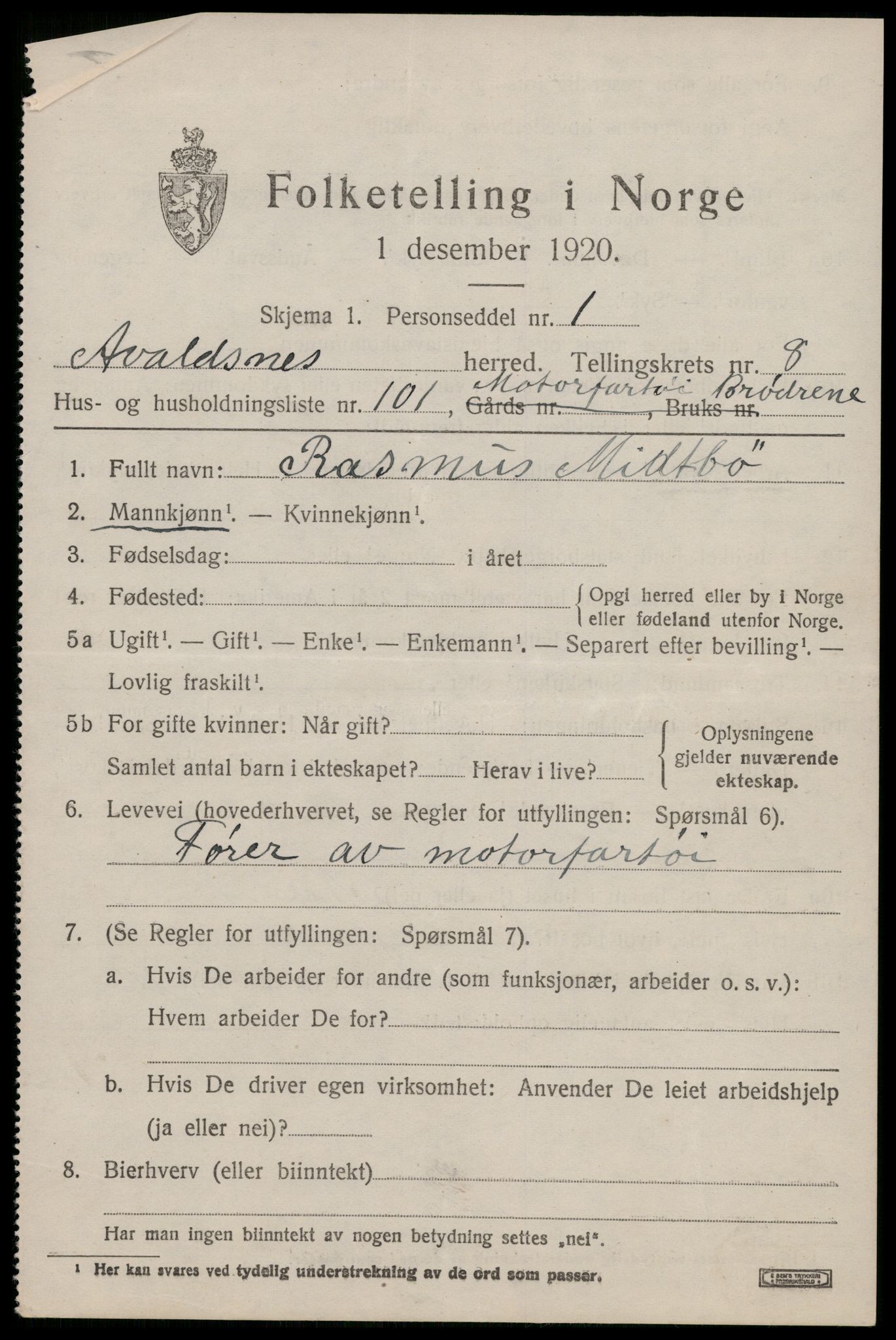 SAST, 1920 census for Avaldsnes, 1920, p. 7107