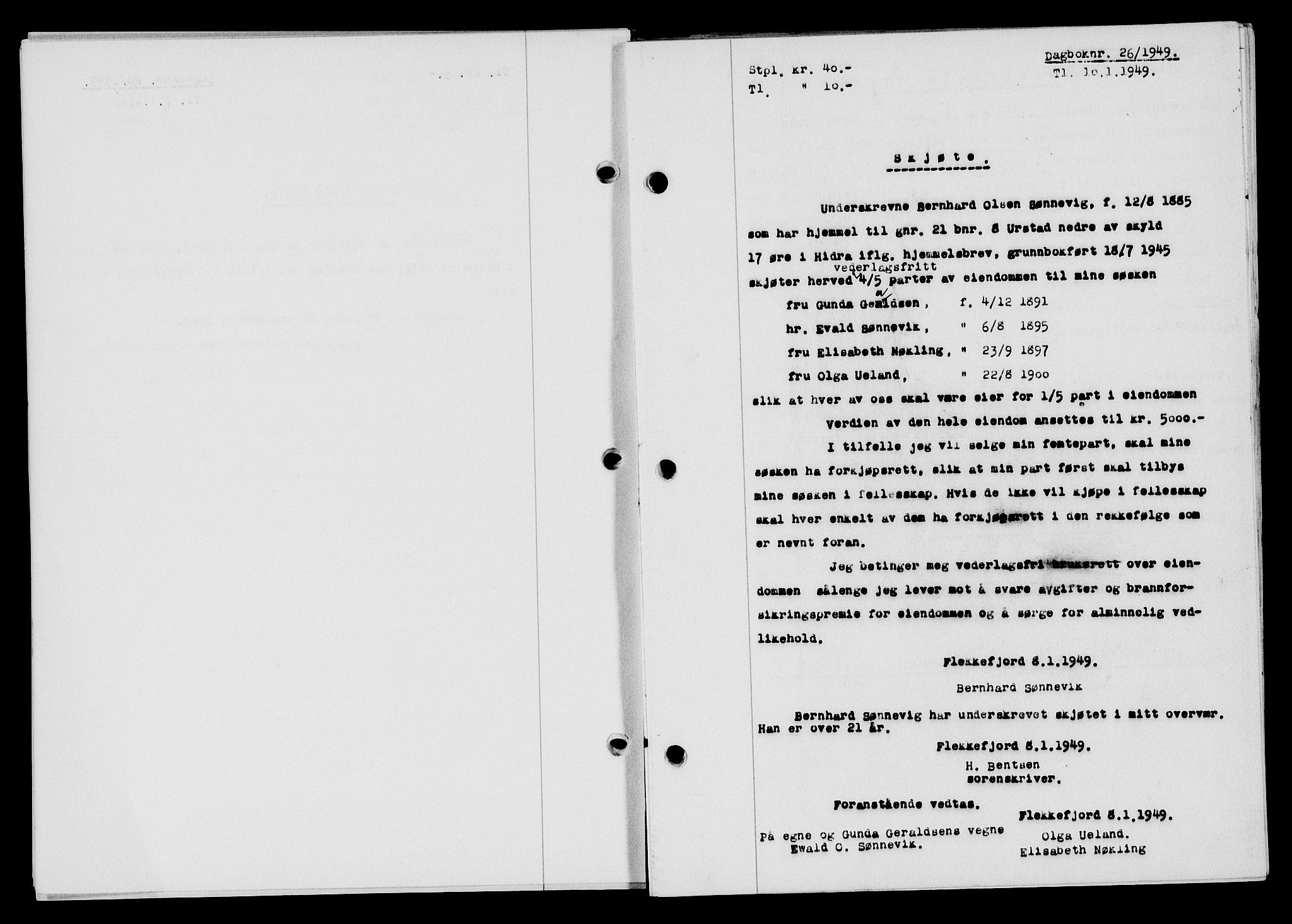 Flekkefjord sorenskriveri, SAK/1221-0001/G/Gb/Gba/L0064: Mortgage book no. A-12, 1948-1949, Diary no: : 26/1949