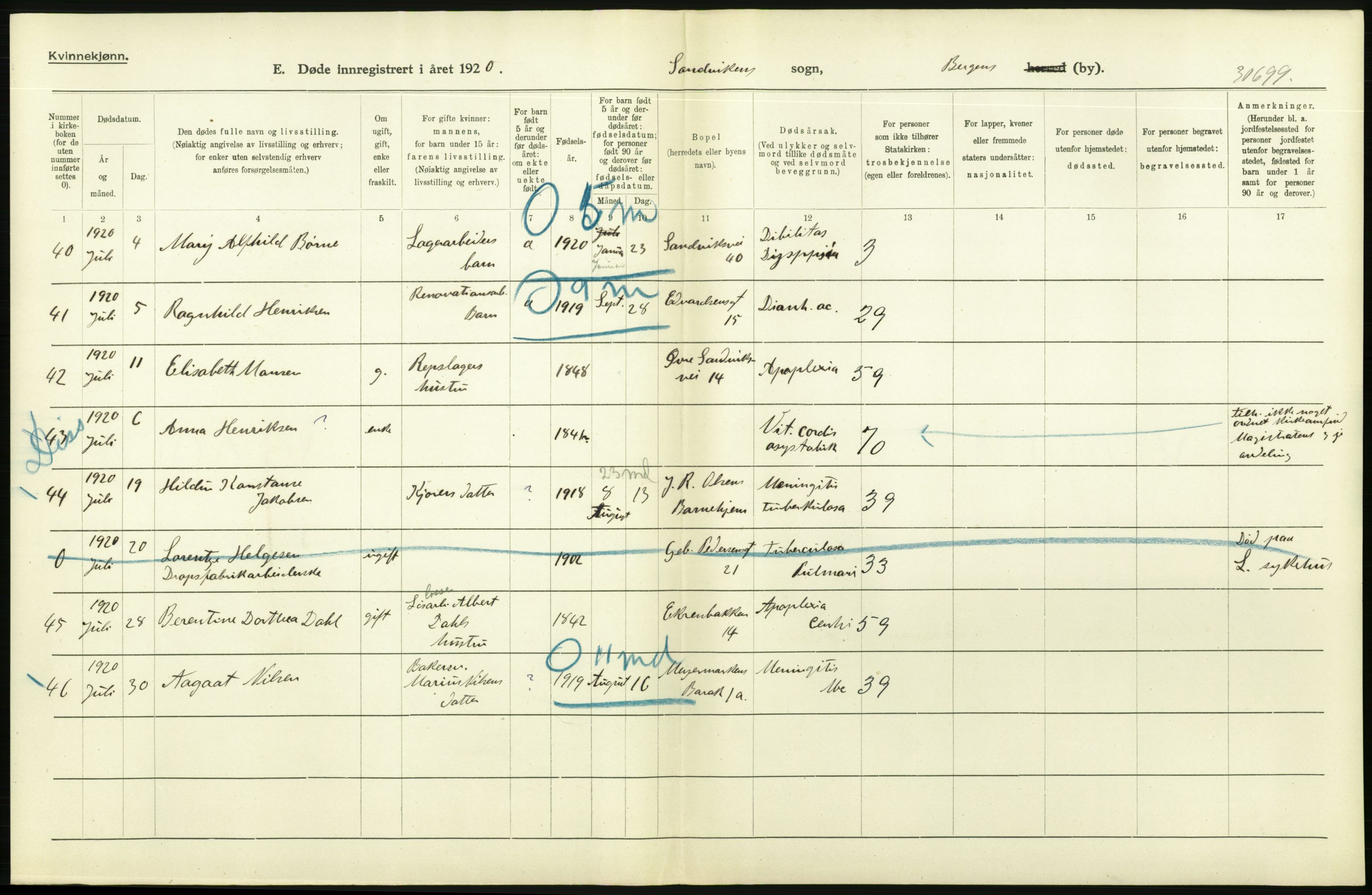 Statistisk sentralbyrå, Sosiodemografiske emner, Befolkning, AV/RA-S-2228/D/Df/Dfb/Dfbj/L0042: Bergen: Gifte, døde, dødfødte., 1920, p. 488