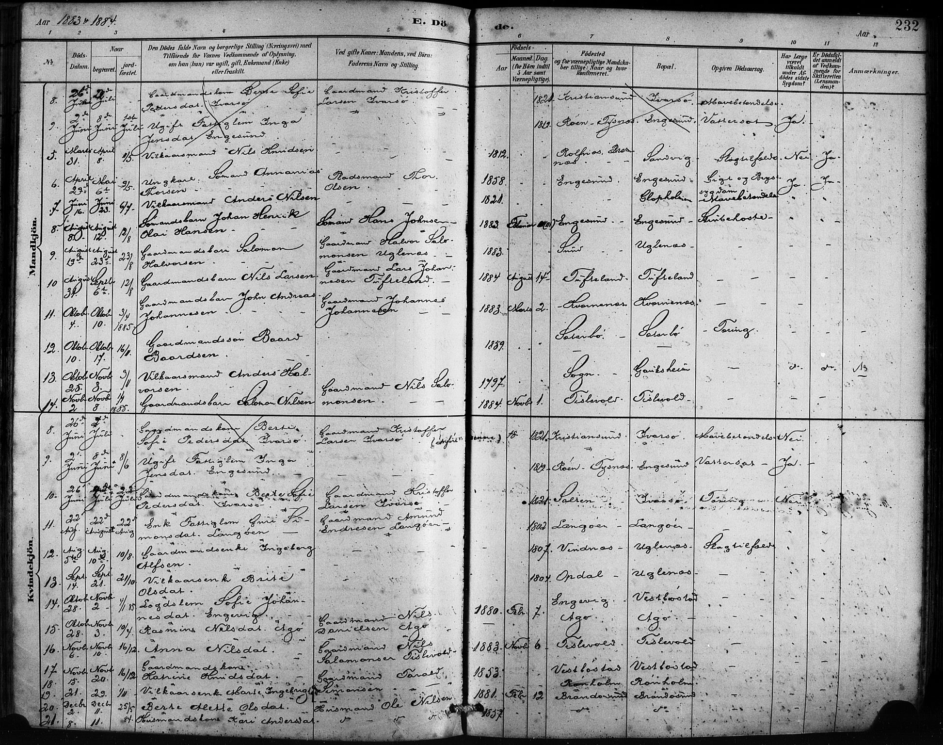 Fitjar sokneprestembete, SAB/A-99926: Parish register (official) no. A 2, 1882-1899, p. 232