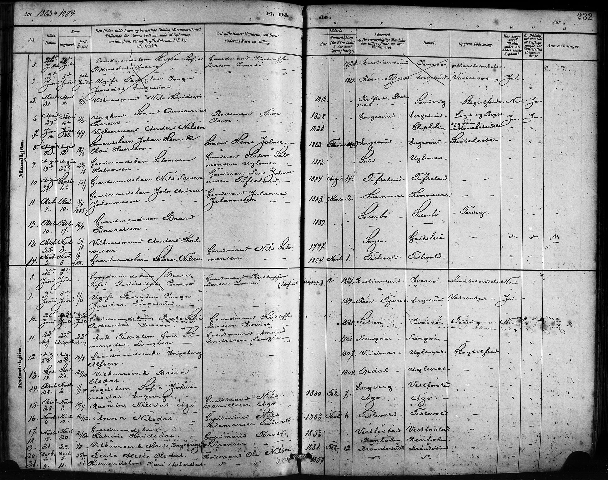 Fitjar sokneprestembete, AV/SAB-A-99926: Parish register (official) no. A 2, 1882-1899, p. 232