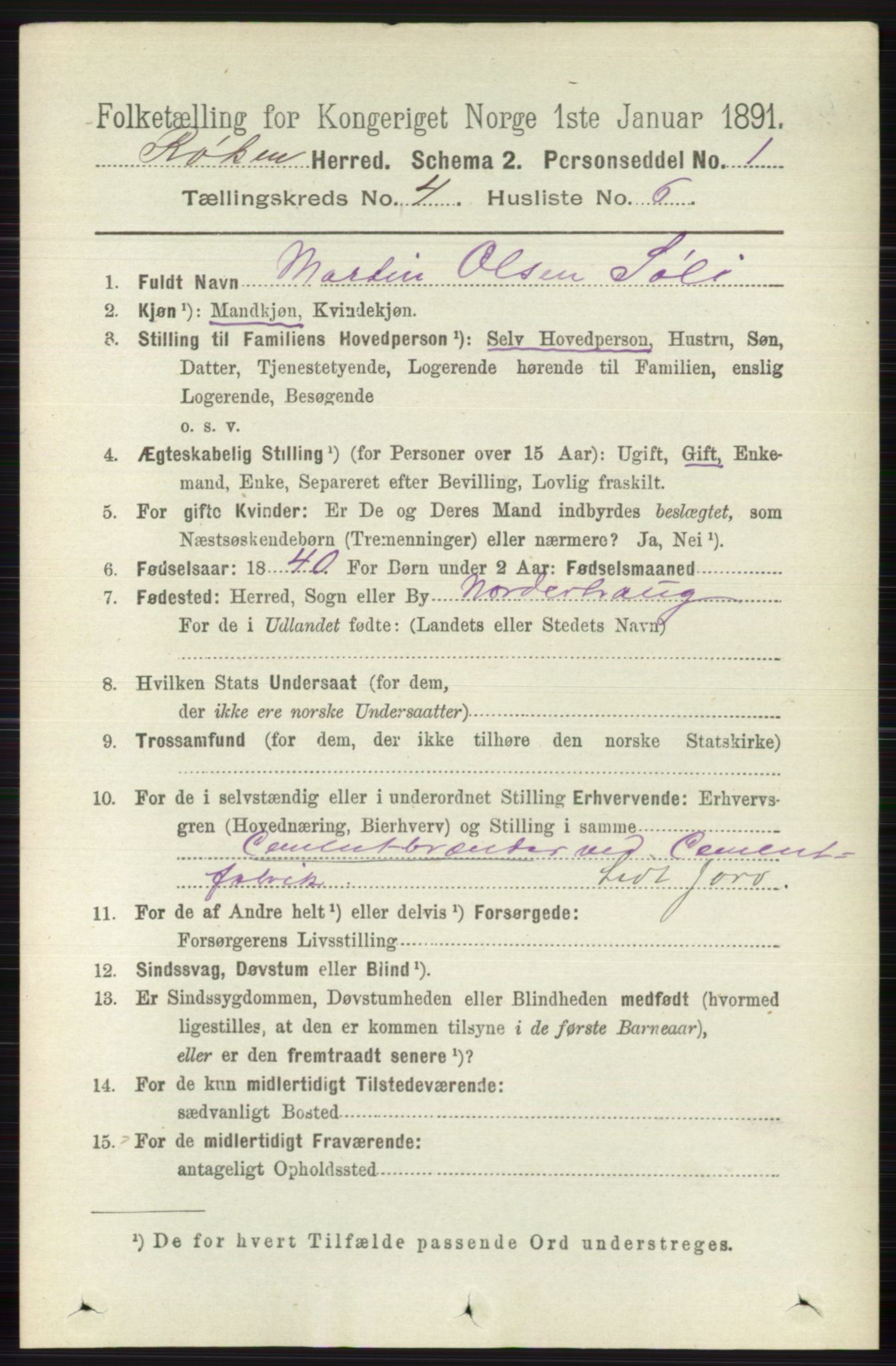 RA, 1891 census for 0627 Røyken, 1891, p. 1891