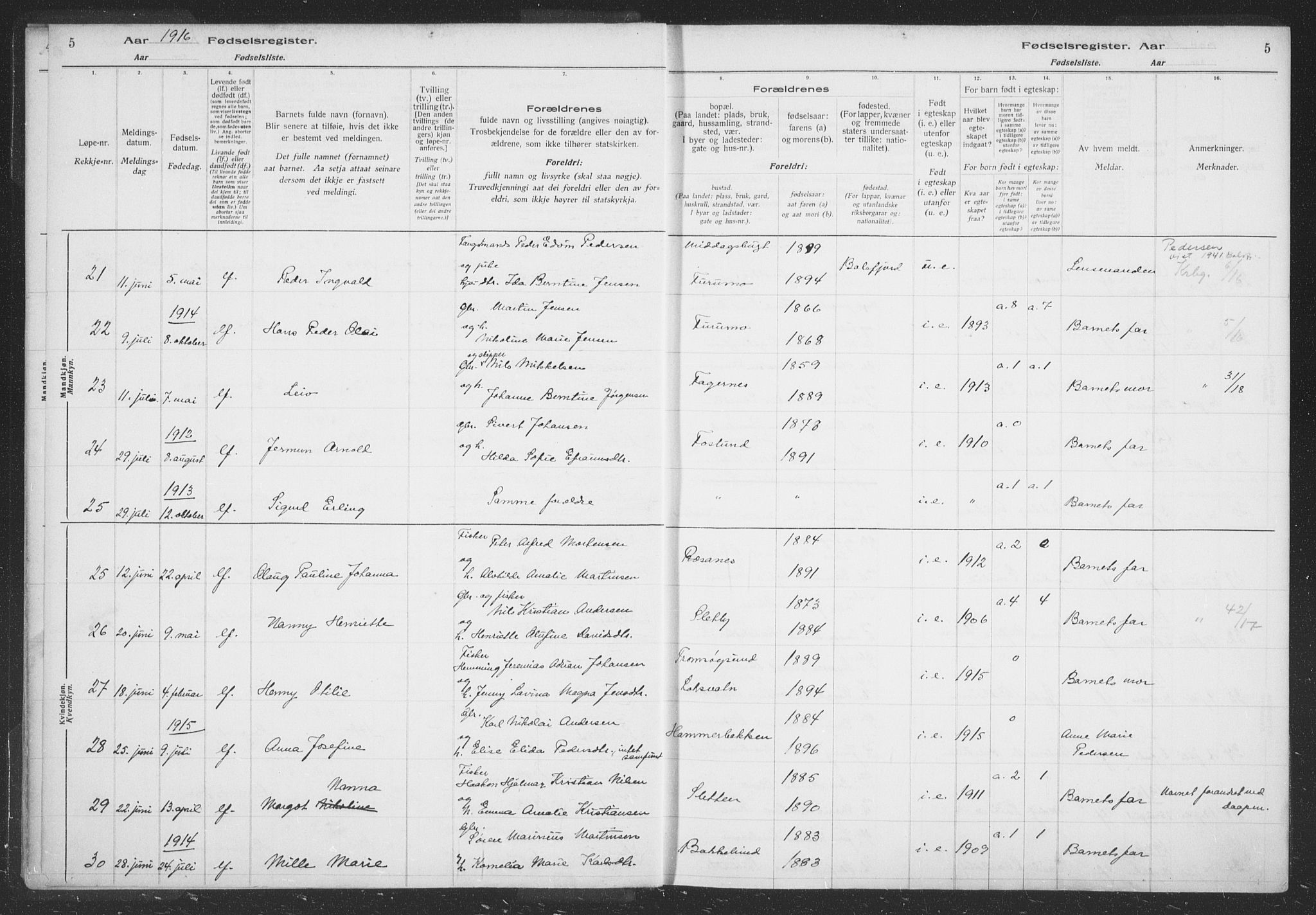 Balsfjord sokneprestembete, AV/SATØ-S-1303/H/Hb/L0059: Birth register no. 59, 1916-1930, p. 5