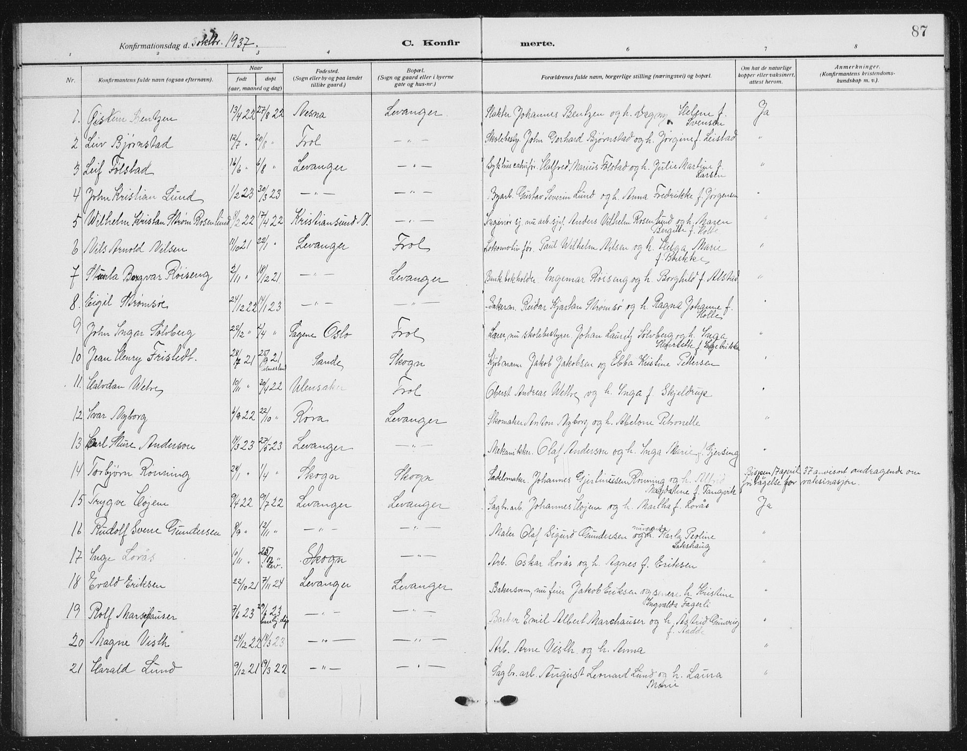 Ministerialprotokoller, klokkerbøker og fødselsregistre - Nord-Trøndelag, SAT/A-1458/720/L0193: Parish register (copy) no. 720C02, 1918-1941, p. 87