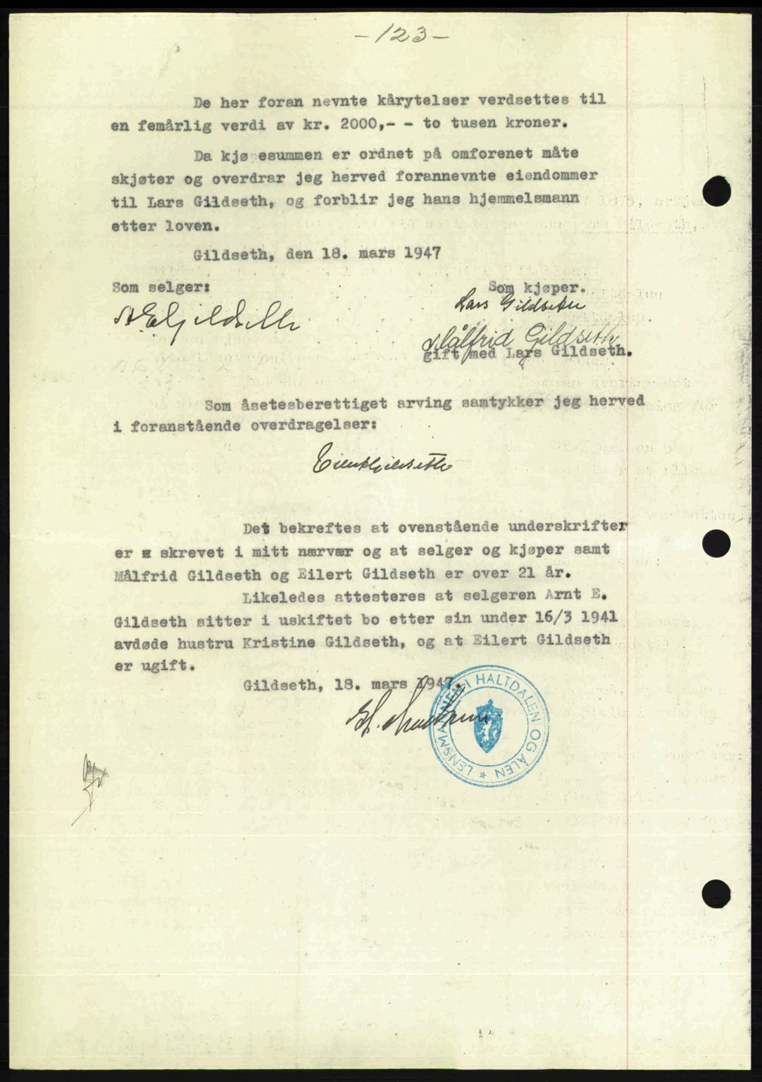 Gauldal sorenskriveri, SAT/A-0014/1/2/2C: Mortgage book no. A3, 1947-1947, Diary no: : 289/1947