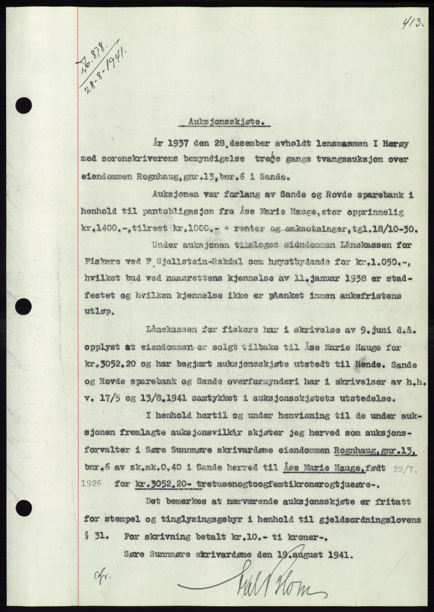 Søre Sunnmøre sorenskriveri, AV/SAT-A-4122/1/2/2C/L0071: Mortgage book no. 65, 1941-1941, Diary no: : 878/1941