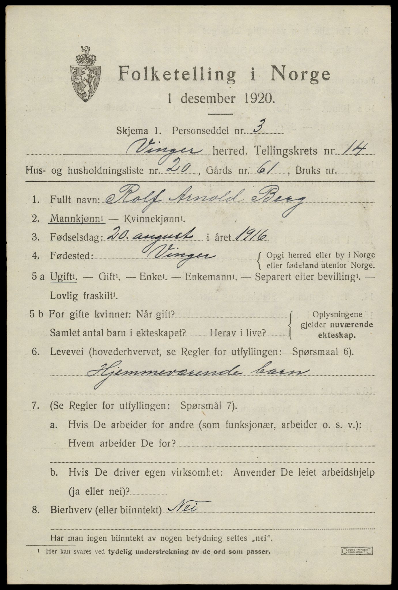 SAH, 1920 census for Vinger, 1920, p. 11602