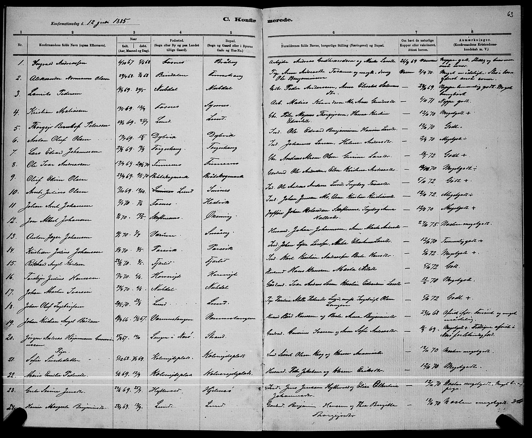 Ministerialprotokoller, klokkerbøker og fødselsregistre - Nord-Trøndelag, SAT/A-1458/780/L0651: Parish register (copy) no. 780C03, 1884-1898, p. 63