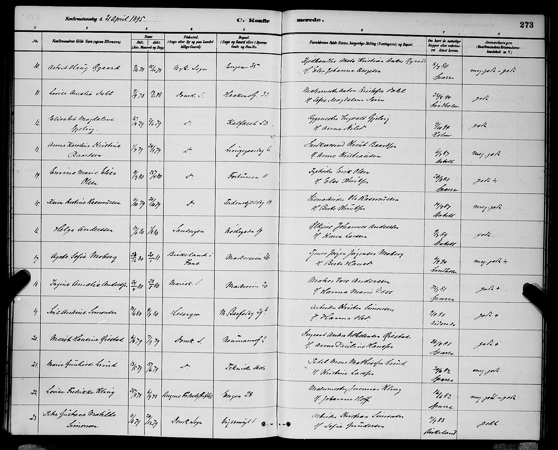 Domkirken sokneprestembete, SAB/A-74801/H/Hab/L0024: Parish register (copy) no. C 4, 1880-1899, p. 273