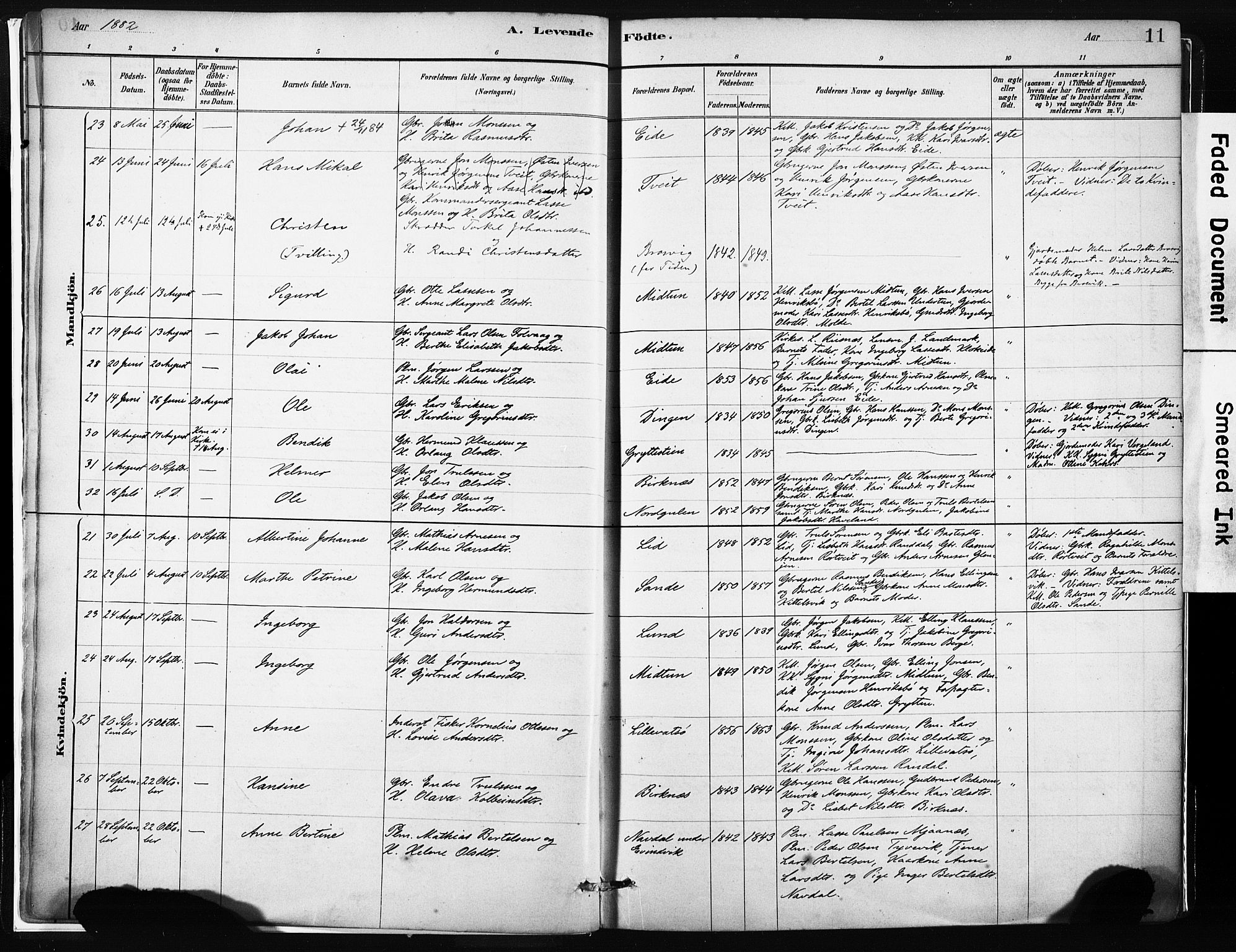 Gulen sokneprestembete, AV/SAB-A-80201/H/Haa/Haab/L0001: Parish register (official) no. B 1, 1881-1905, p. 11