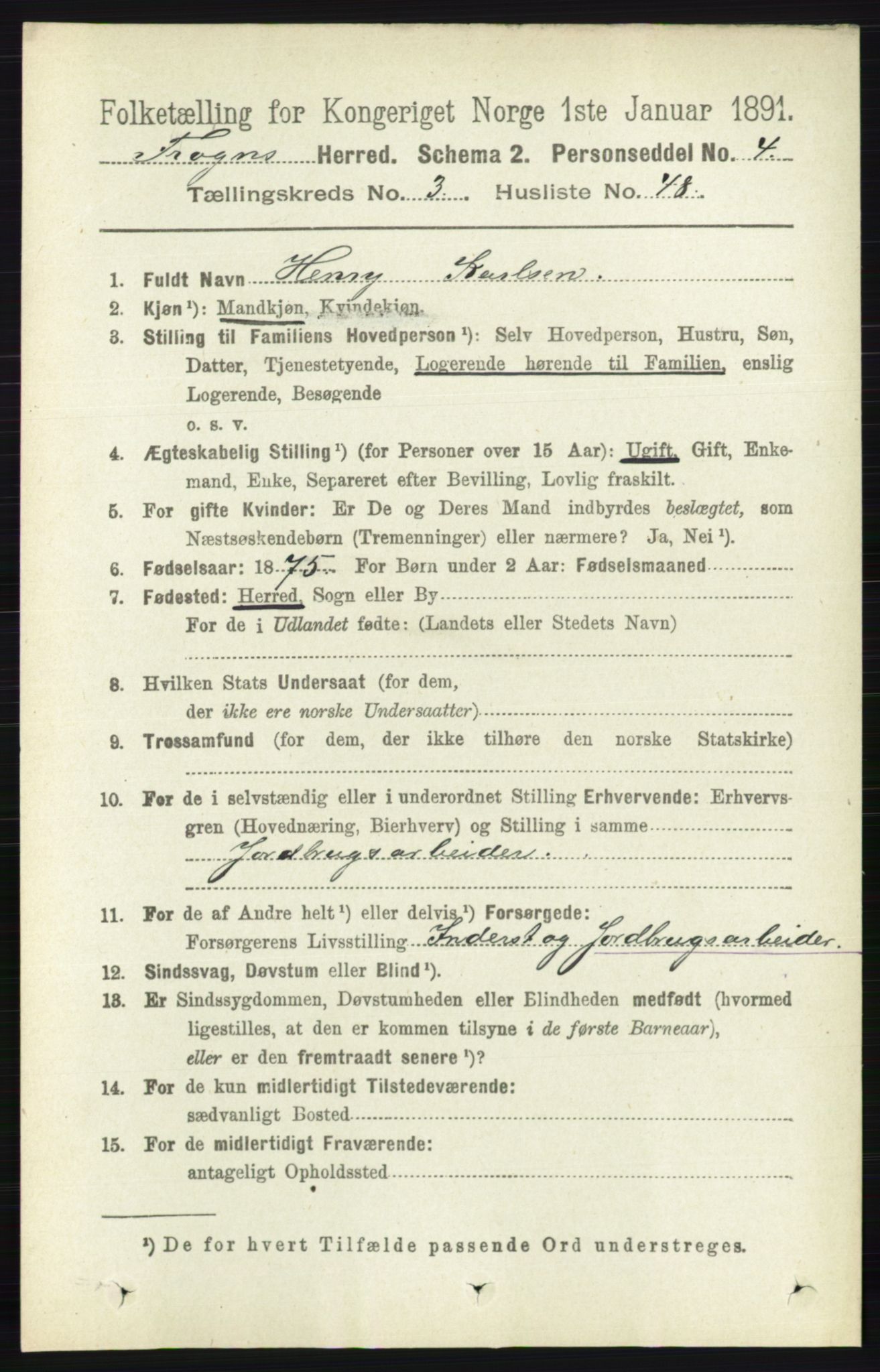 RA, 1891 census for 0215 Frogn, 1891, p. 2197