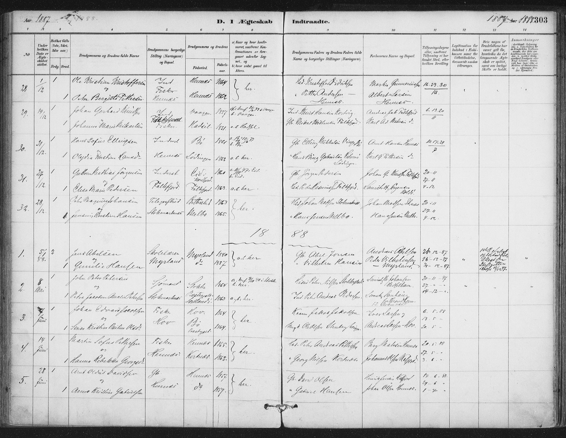 Ministerialprotokoller, klokkerbøker og fødselsregistre - Nordland, AV/SAT-A-1459/888/L1244: Parish register (official) no. 888A10, 1880-1890, p. 303