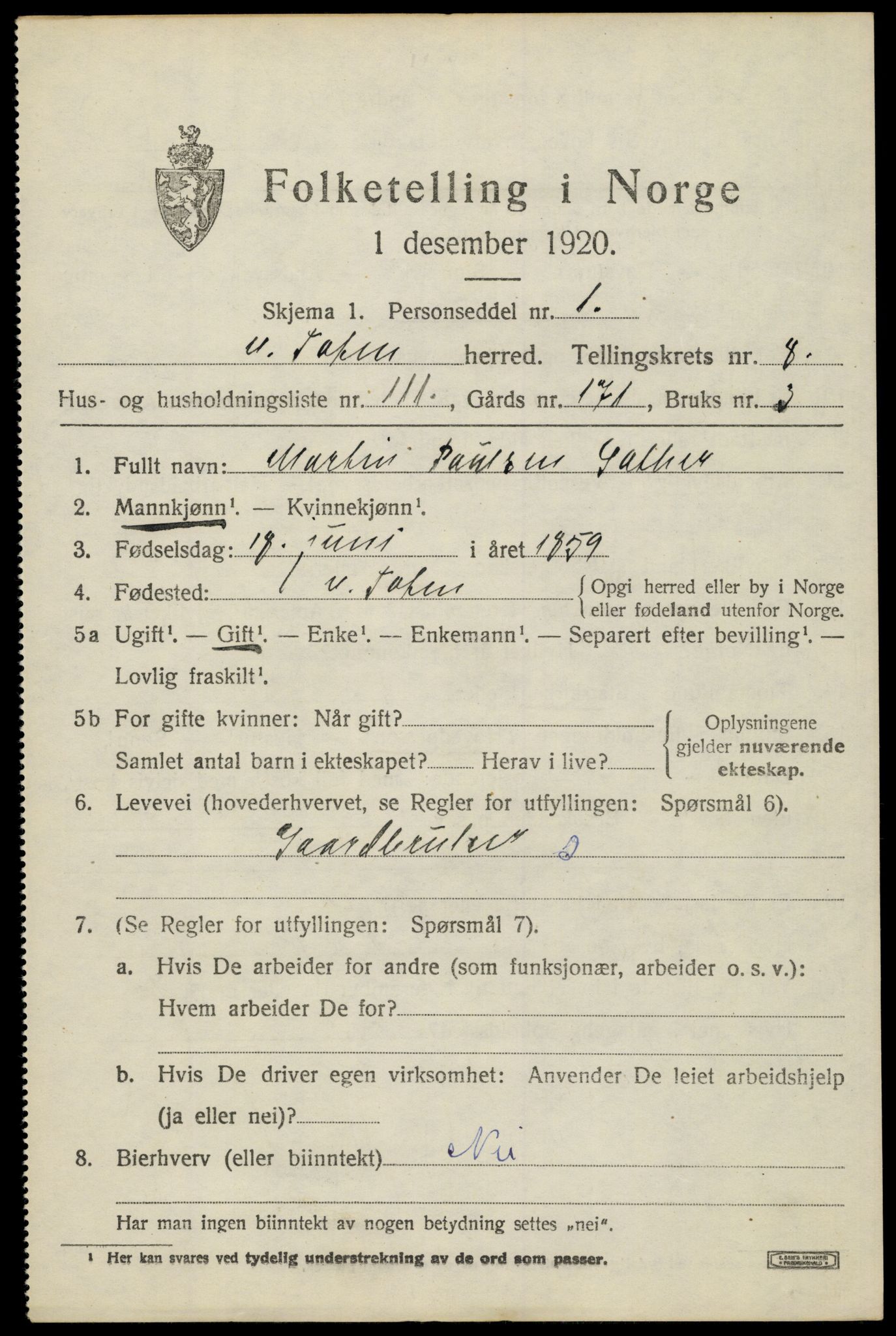 SAH, 1920 census for Vestre Toten, 1920, p. 11110