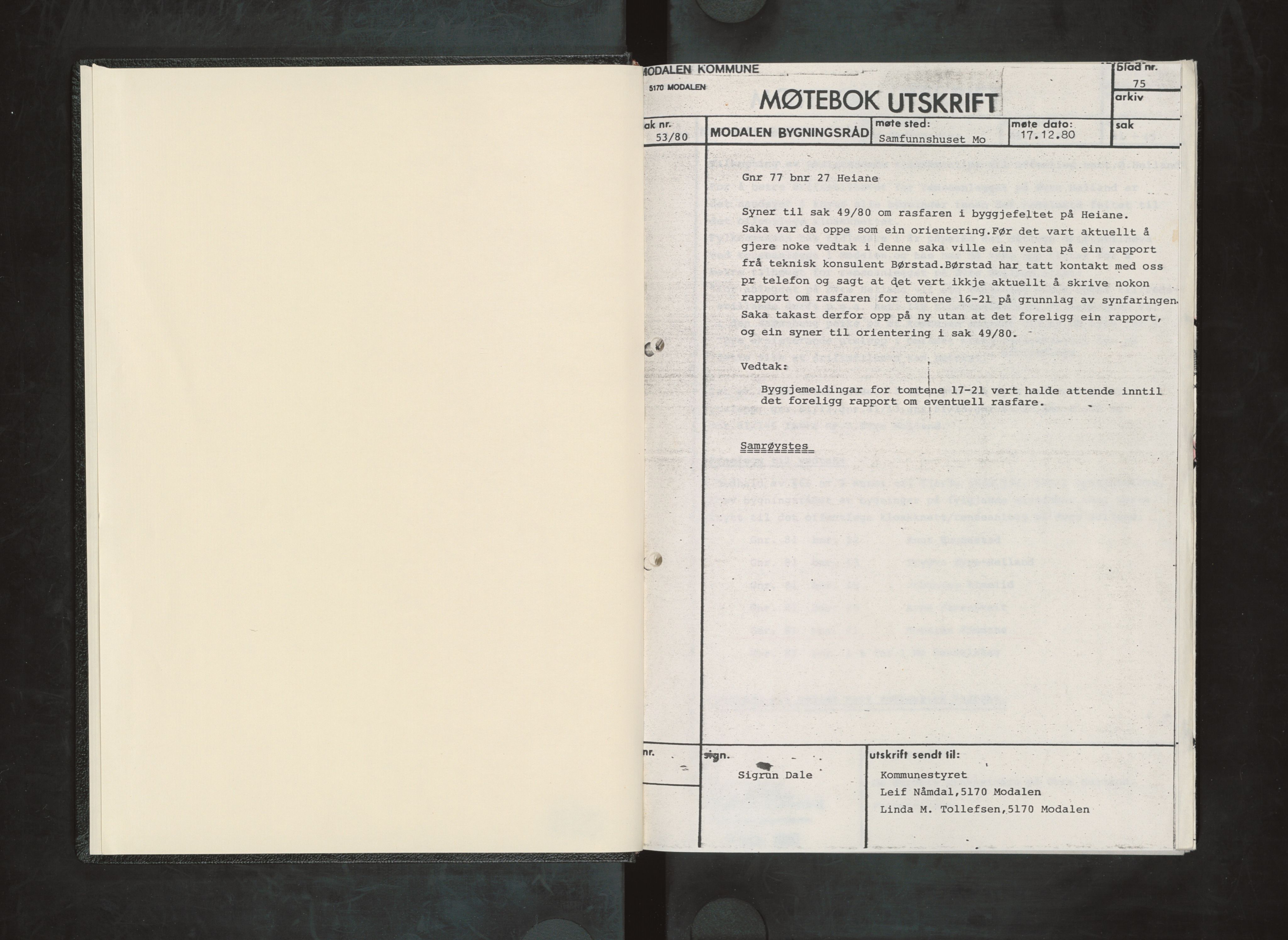 Modalen kommune. Bygningsrådet, IKAH/1252-511/A/Aa/L0001: Møtebok for Modalen bygningsråd, 1980-1984