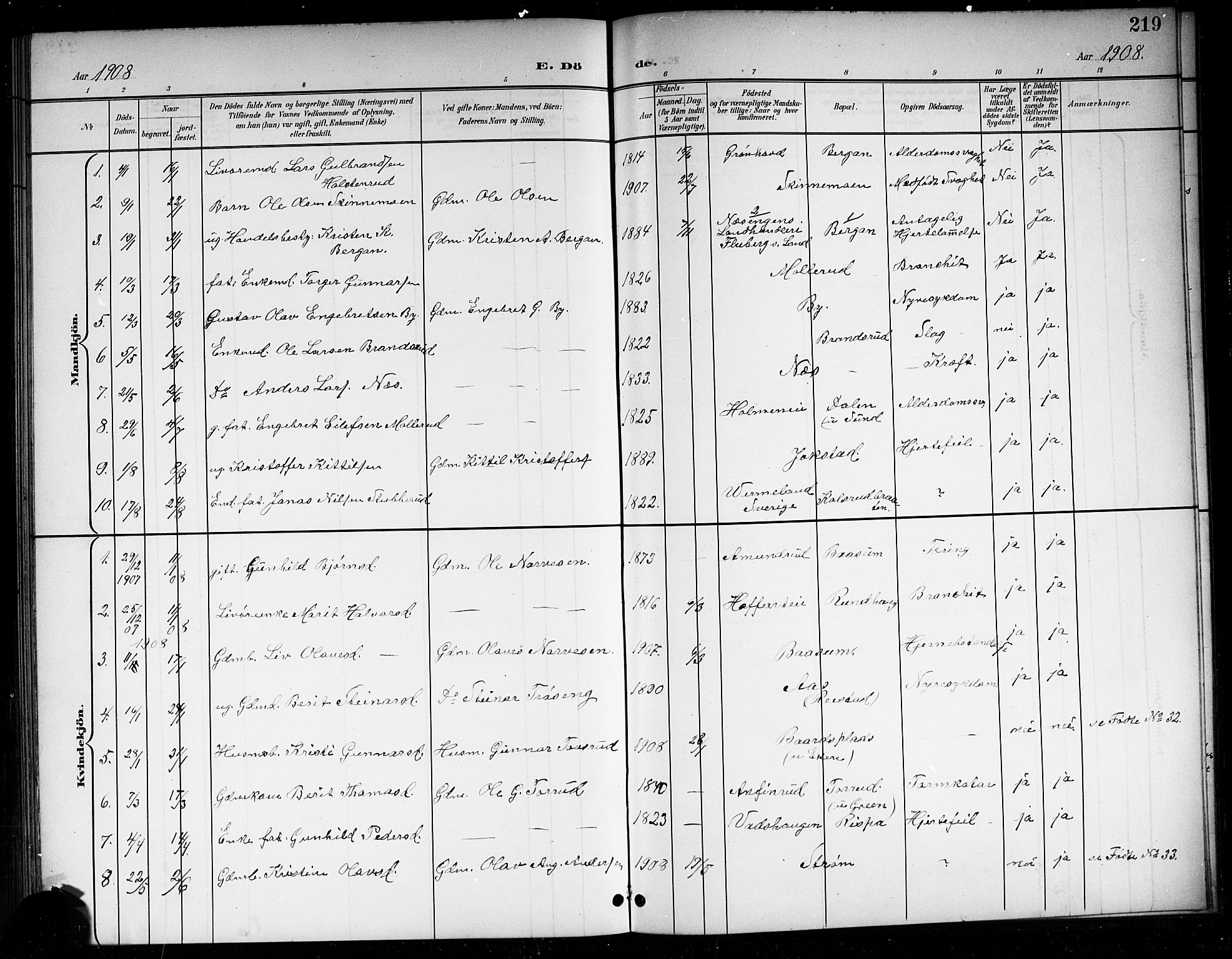 Sigdal kirkebøker, SAKO/A-245/G/Ga/L0006: Parish register (copy) no. I 6, 1901-1916, p. 219