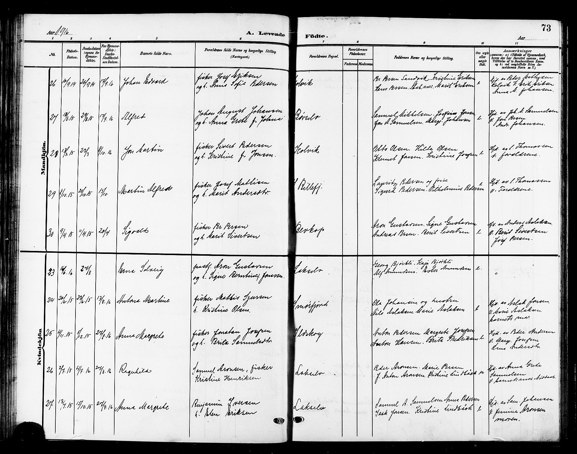 Kistrand/Porsanger sokneprestembete, AV/SATØ-S-1351/H/Hb/L0006.klokk: Parish register (copy) no. 6, 1905-1917, p. 73