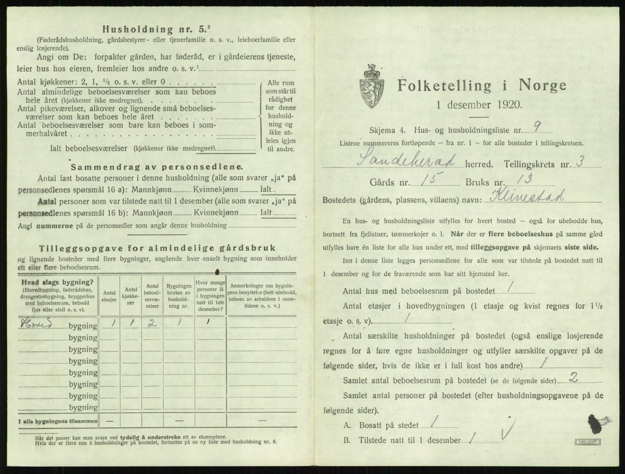 SAKO, 1920 census for Sandeherred, 1920, p. 399