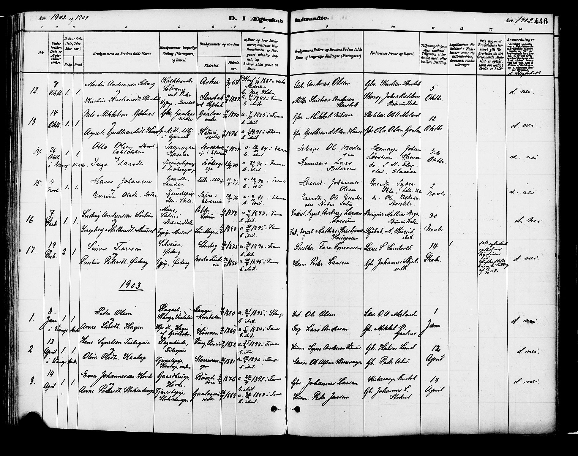 Vang prestekontor, Hedmark, SAH/PREST-008/H/Ha/Haa/L0018B: Parish register (official) no. 18B, 1880-1906, p. 446