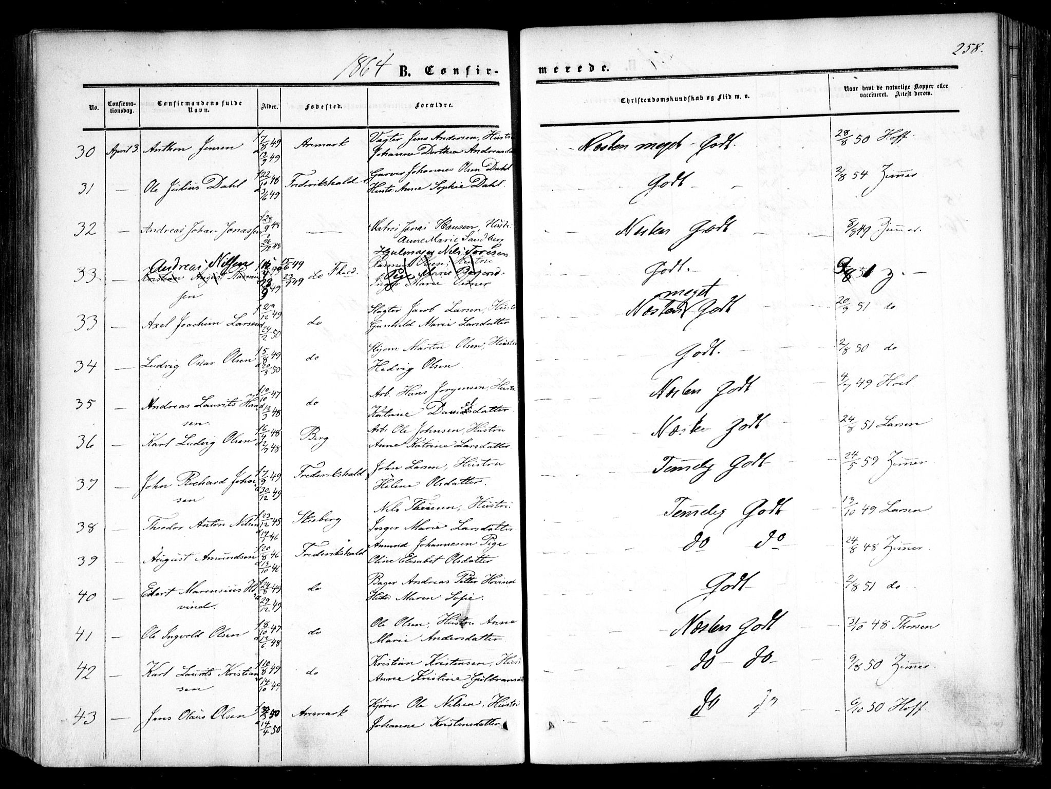 Halden prestekontor Kirkebøker, AV/SAO-A-10909/F/Fa/L0007: Parish register (official) no. I 7, 1857-1865, p. 258